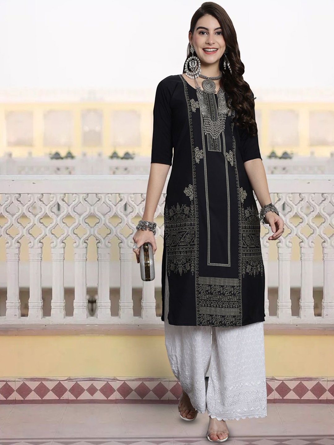 

7Threads Floral Printed Round Neck Straight Kurta, Black