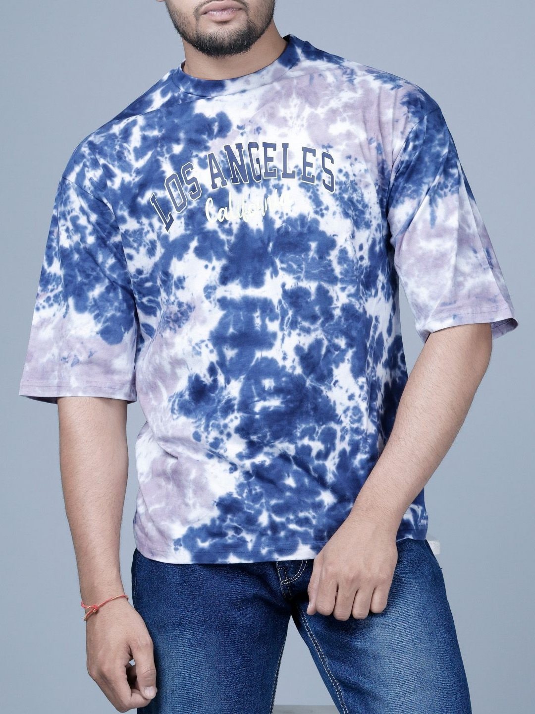

Eyebogler Men Tie and Dye Dyed Bohemian Raw Edge T-shirt, Blue