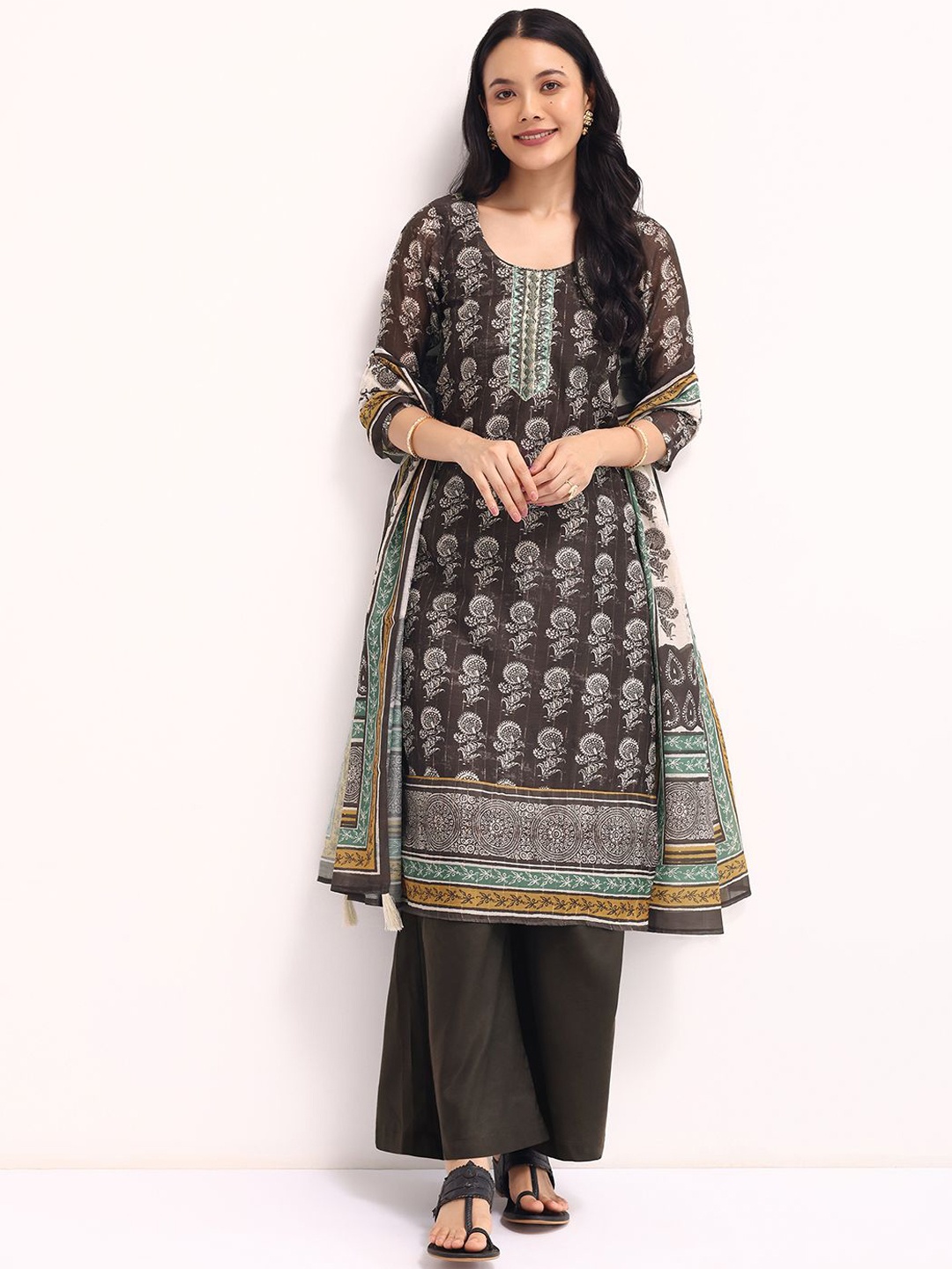 

KALKI Fashion Floral Printed Mirror Work Straight Kurta With Palazzos & Dupatta, Grey