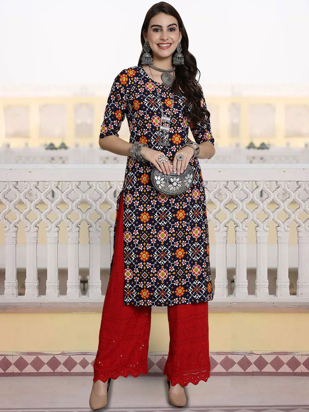 

7Threads Ethnic Motifs Printed Round Neck Straight Kurta, Navy blue