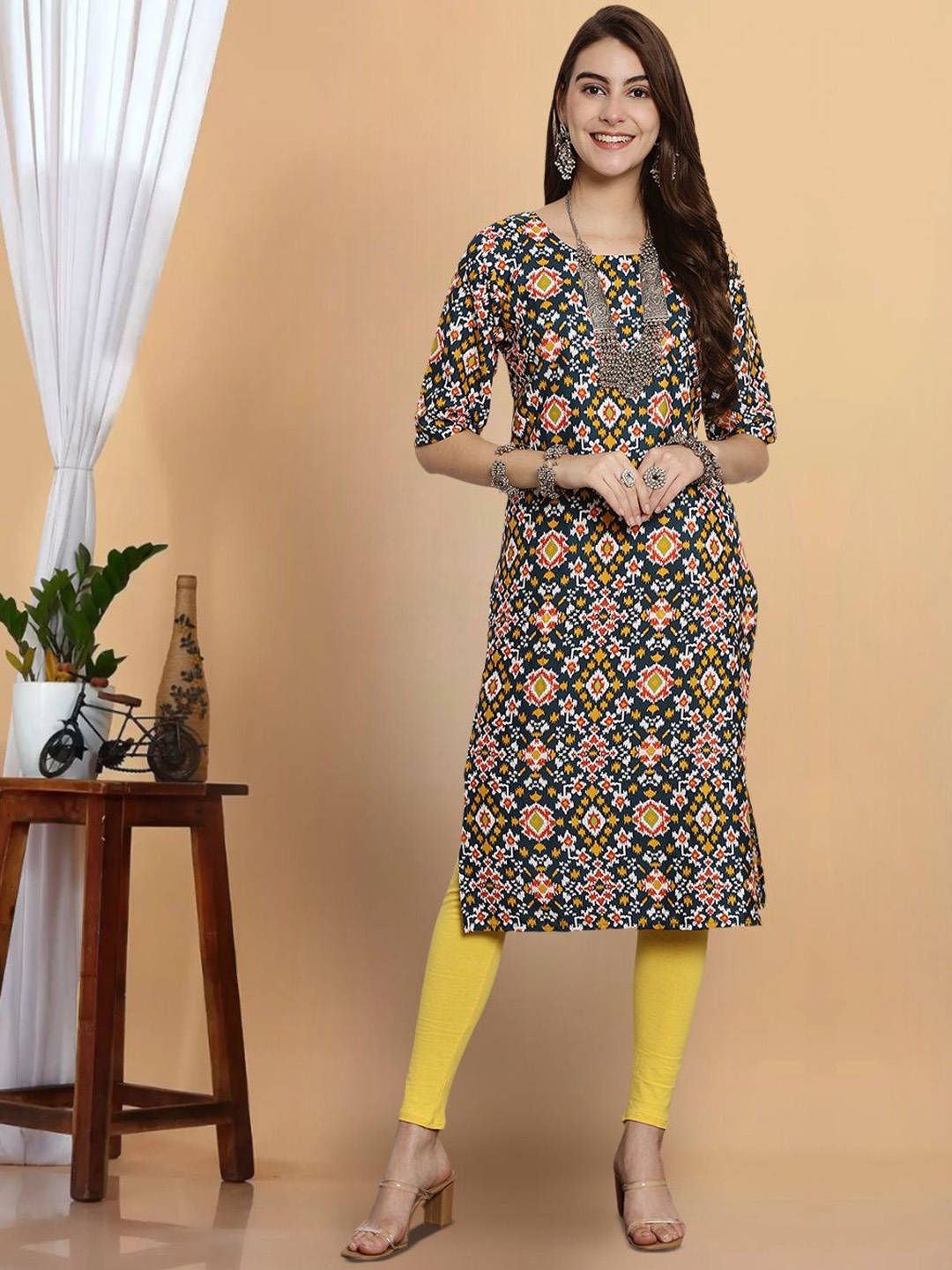 

7Threads Women Geometric Printed Thread Work Floral Crepe Kurta, Multi