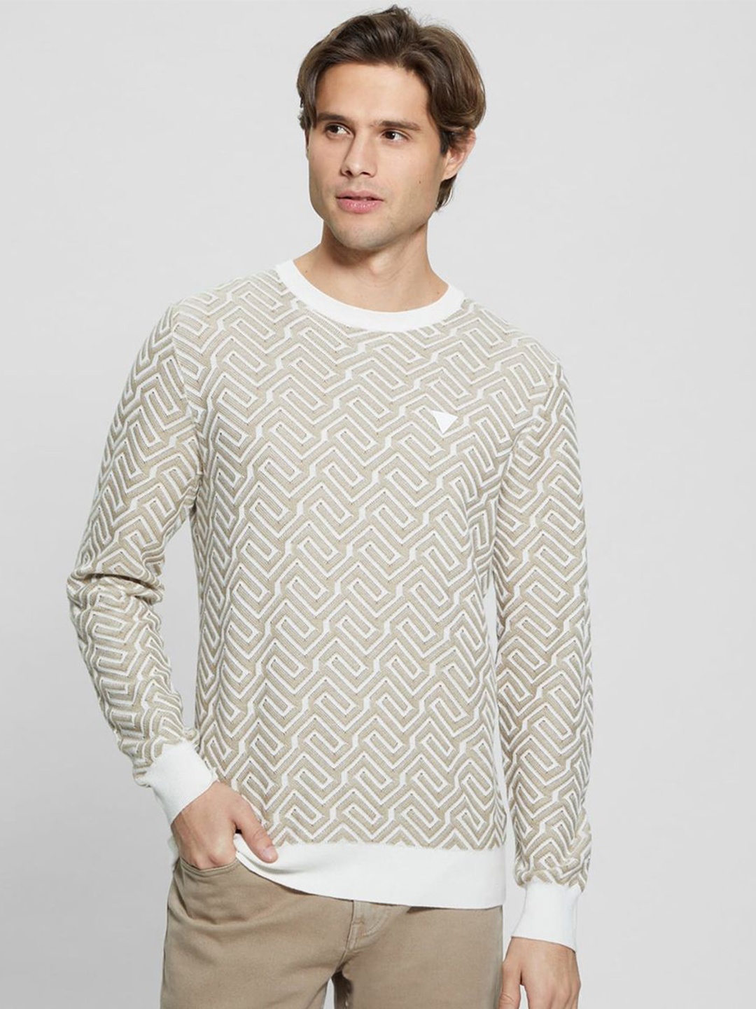 

GUESS Men Printed Pullover, Khaki