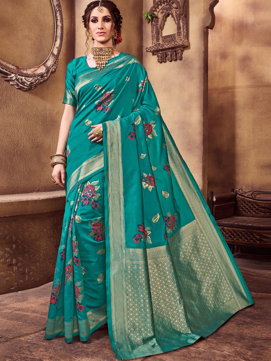 

ASISA Floral Printed Zari Saree, Turquoise blue