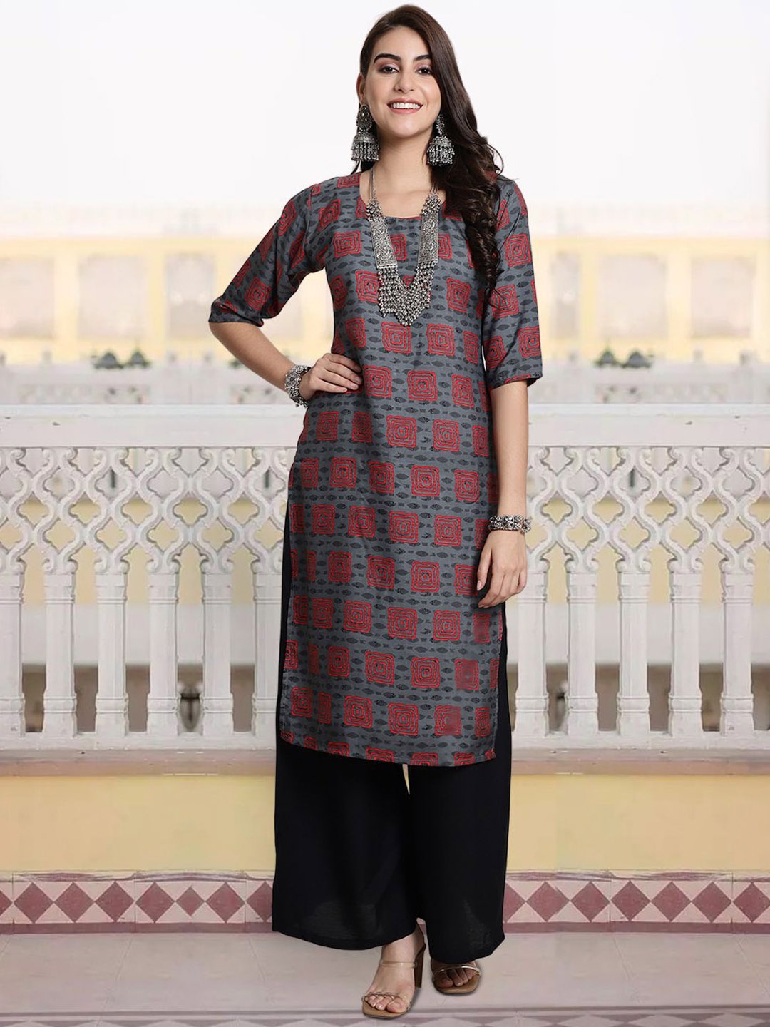 

7Threads Geometric Printed Round Neck Straight Kurta, Grey