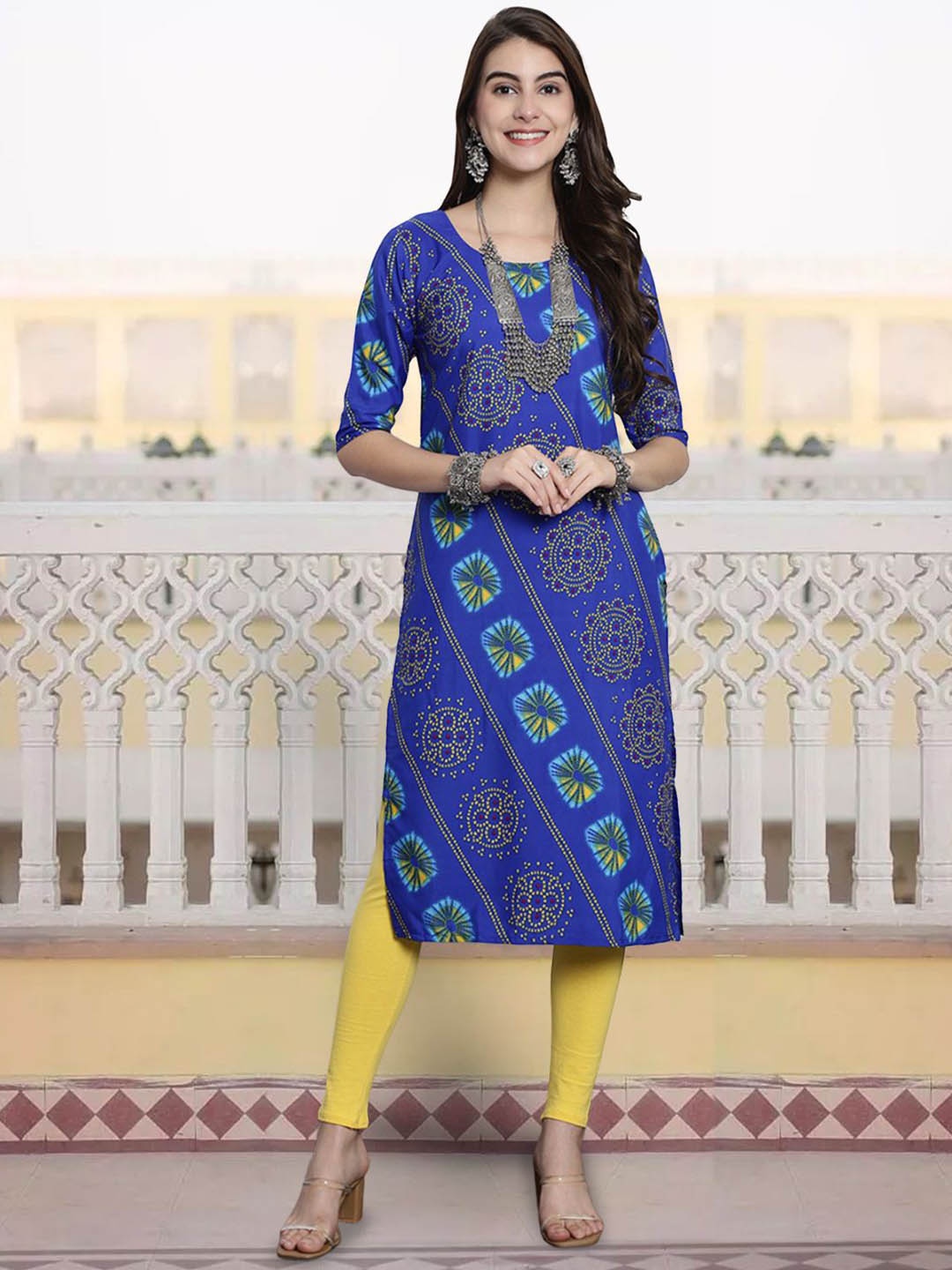 

7Threads Bandhani Printed Round Neck Straight Kurta, Black