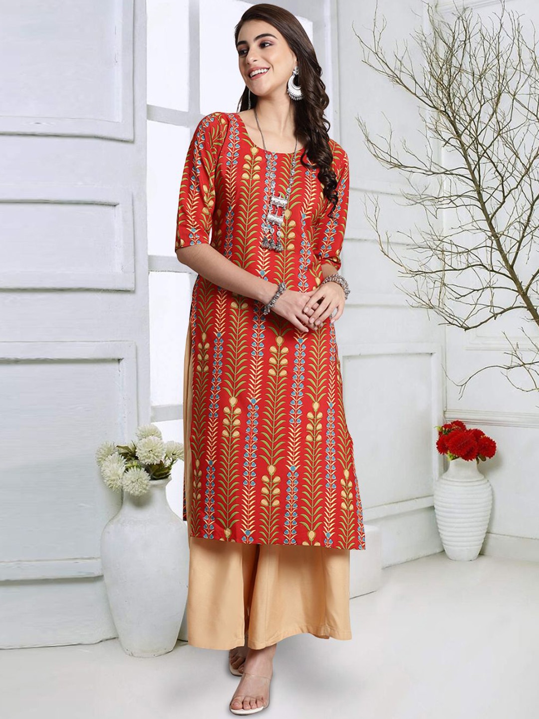 

7Threads Floral Printed Round Neck Straight Kurta, Rust