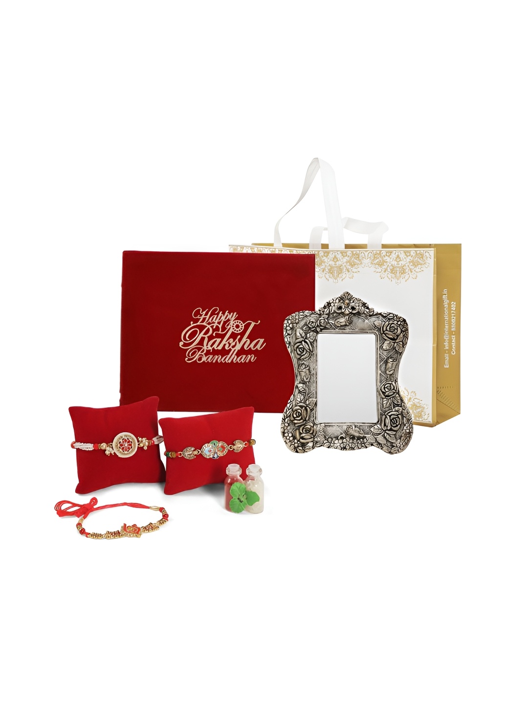 

INTERNATIONAL GIFT Set Of 4 Rakhi With Photo Frame & Roli Chawal, Silver