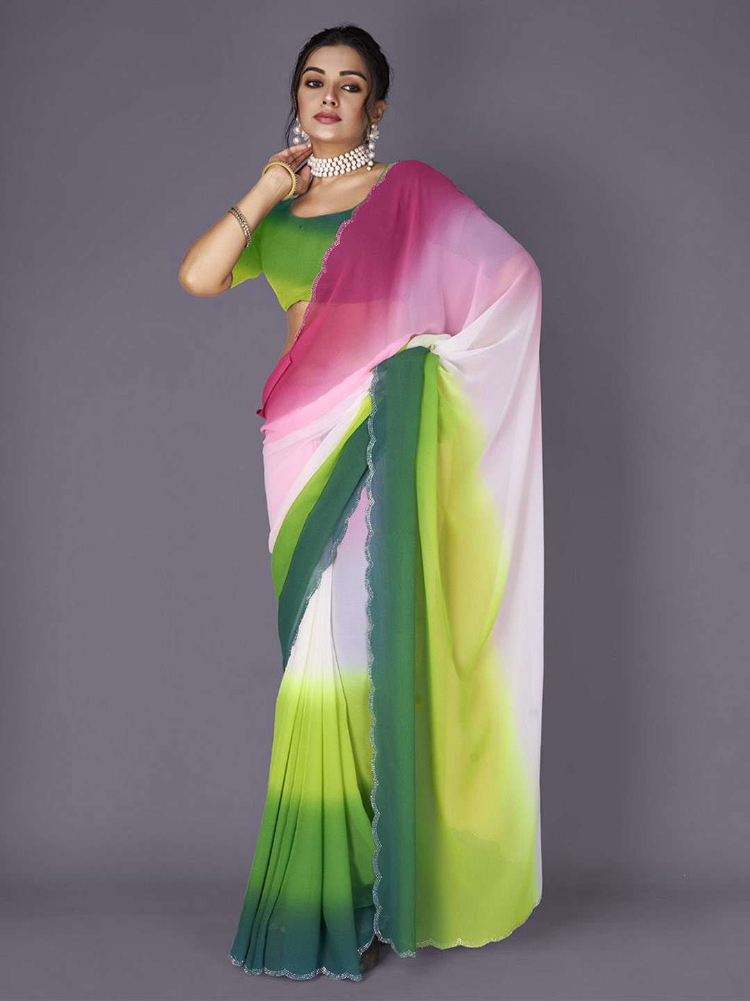 

NIRMAL CREATION Colourblocked Embellished Border Saree, Green