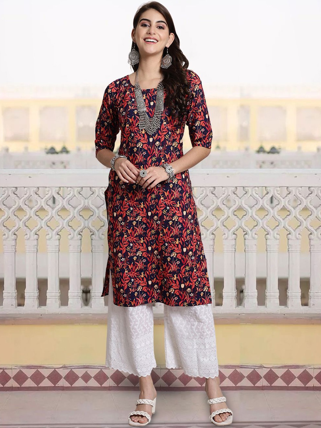 

7Threads Floral Printed Round Neck Straight Kurta, Navy blue