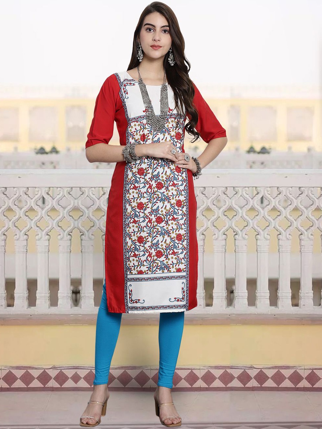 

7Threads Floral Printed Round Neck Crepe Straight Kurta, Red