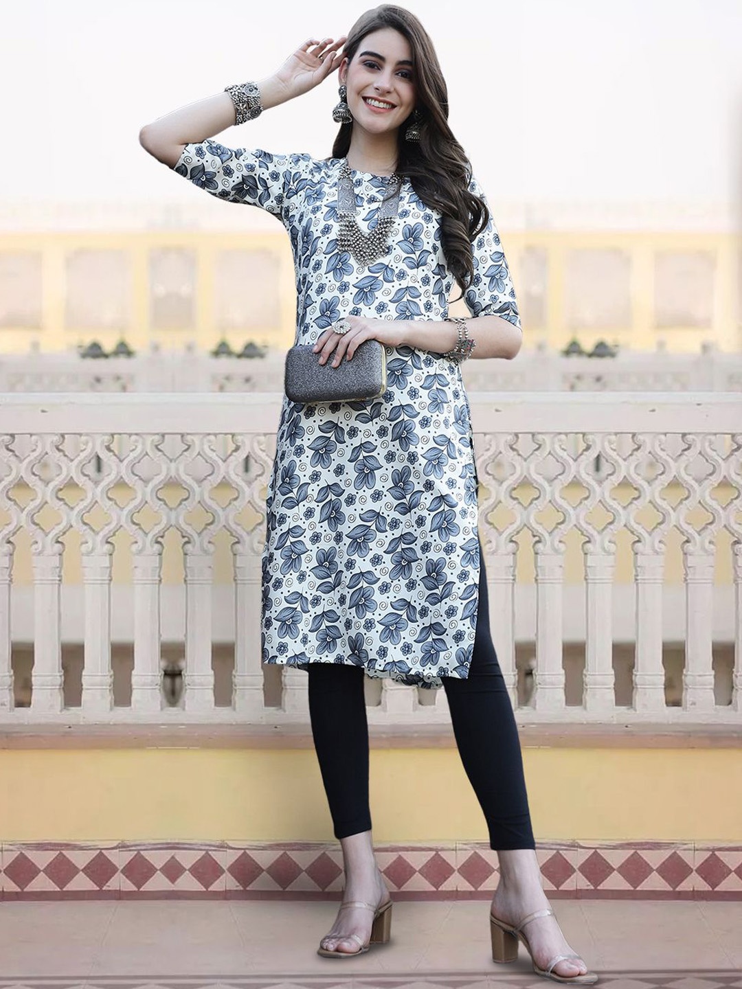 

7Threads Floral Printed Round Neck Regular Crepe Straight Kurta, Grey