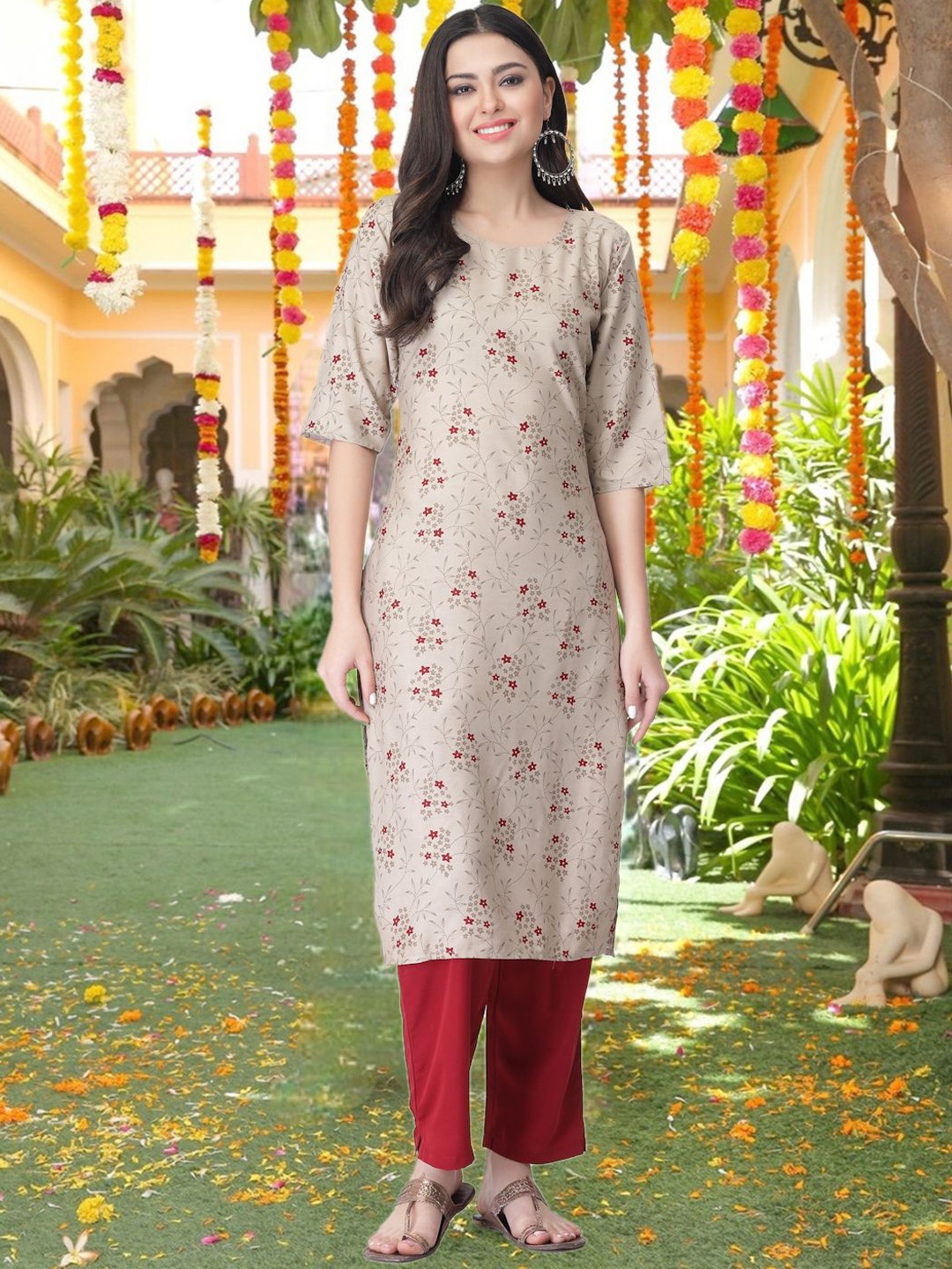 

7Threads Floral Printed Round Neck Crepe Straight Kurta, Beige