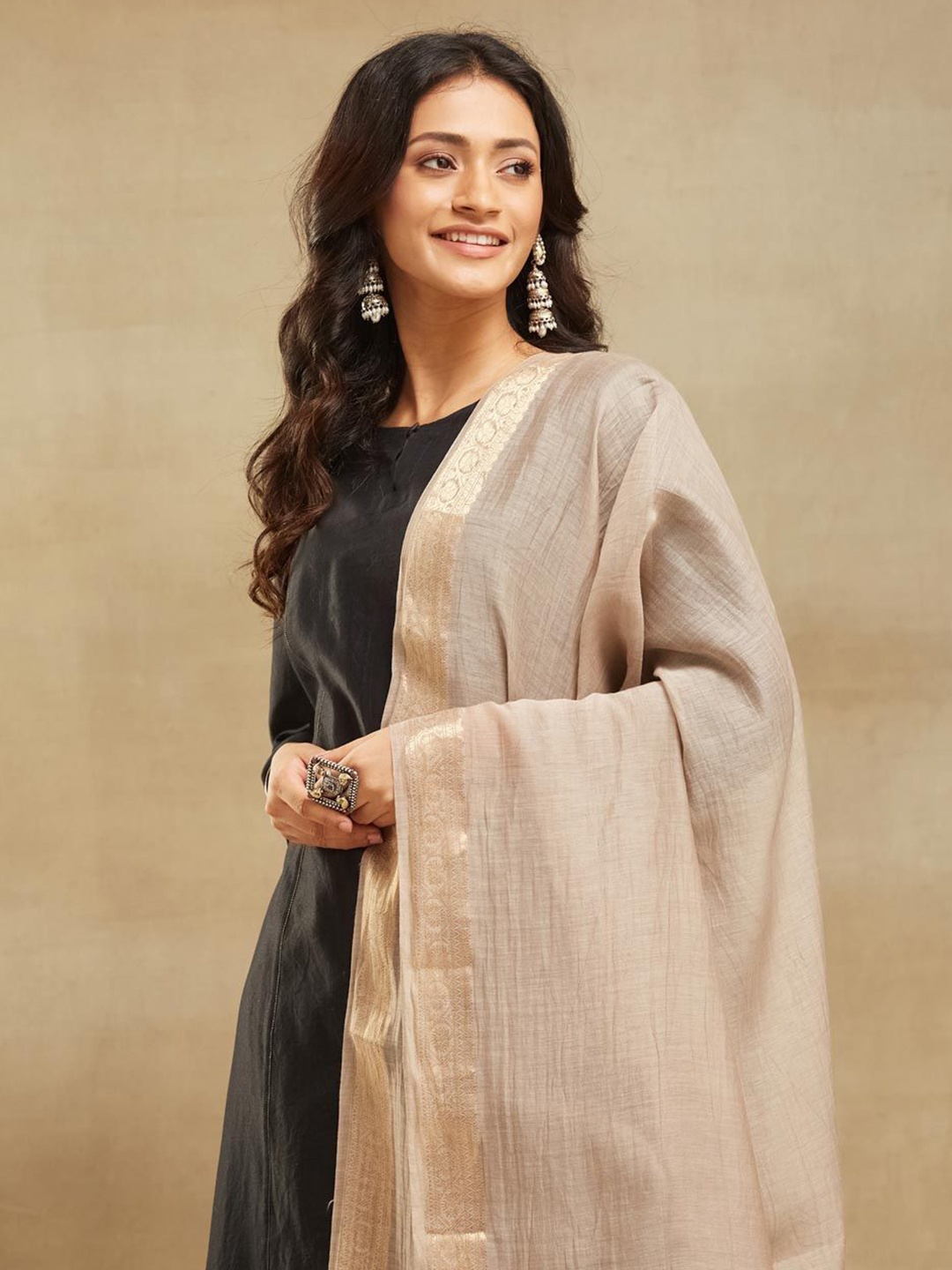 

Fabindia Striped Woven Design Cotton Silk Dupatta, Beige