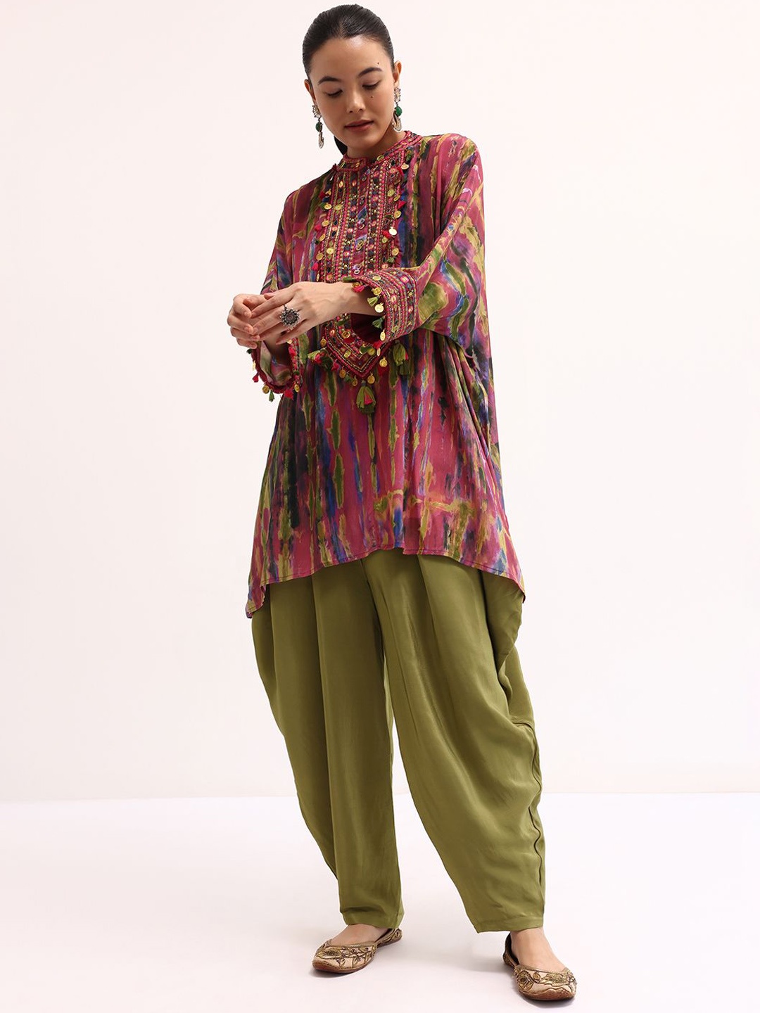 

KALKI Fashion Abstract Printed Thread Work High Low A-Line Kurta With Salwar, Pink