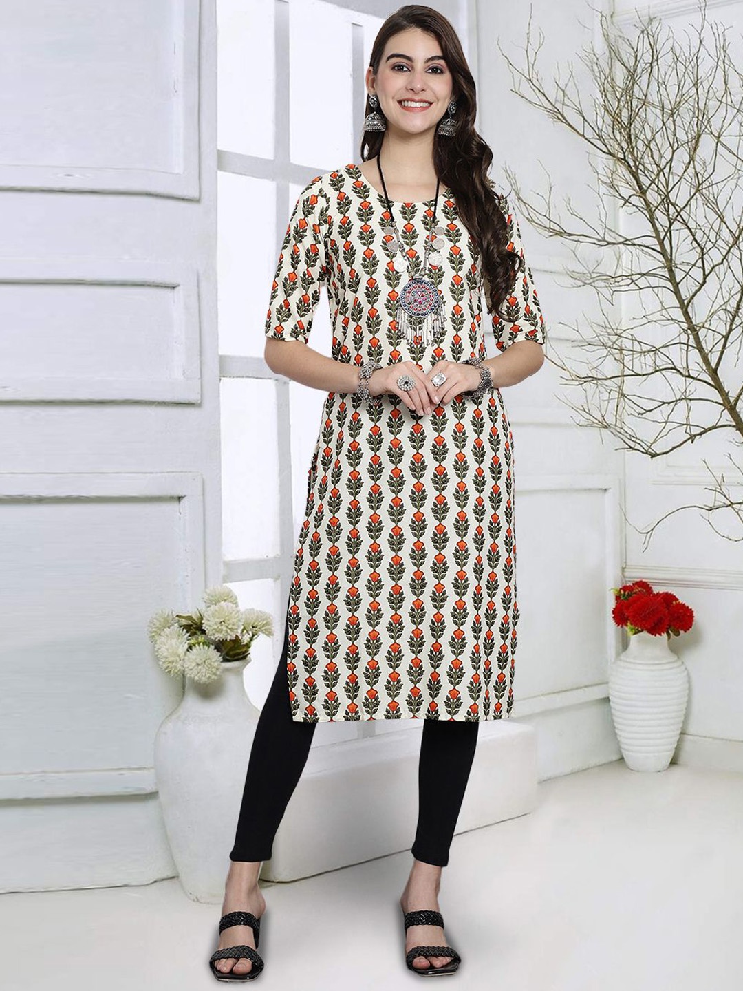 

7Threads Floral Printed Round Neck Straight Kurta, Beige