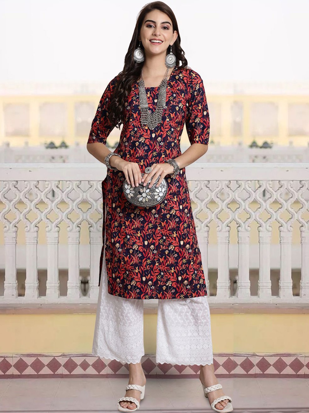 

7Threads Floral Printed Straight Kurta, Orange