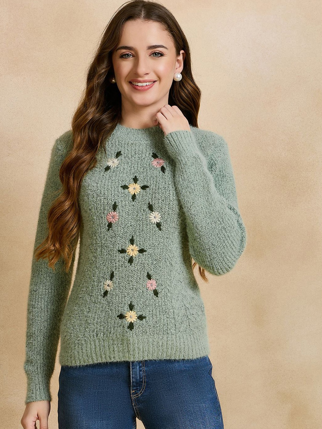 

CLAPTON Women Floral Woollen Pullover with Embroidered Detail, Olive