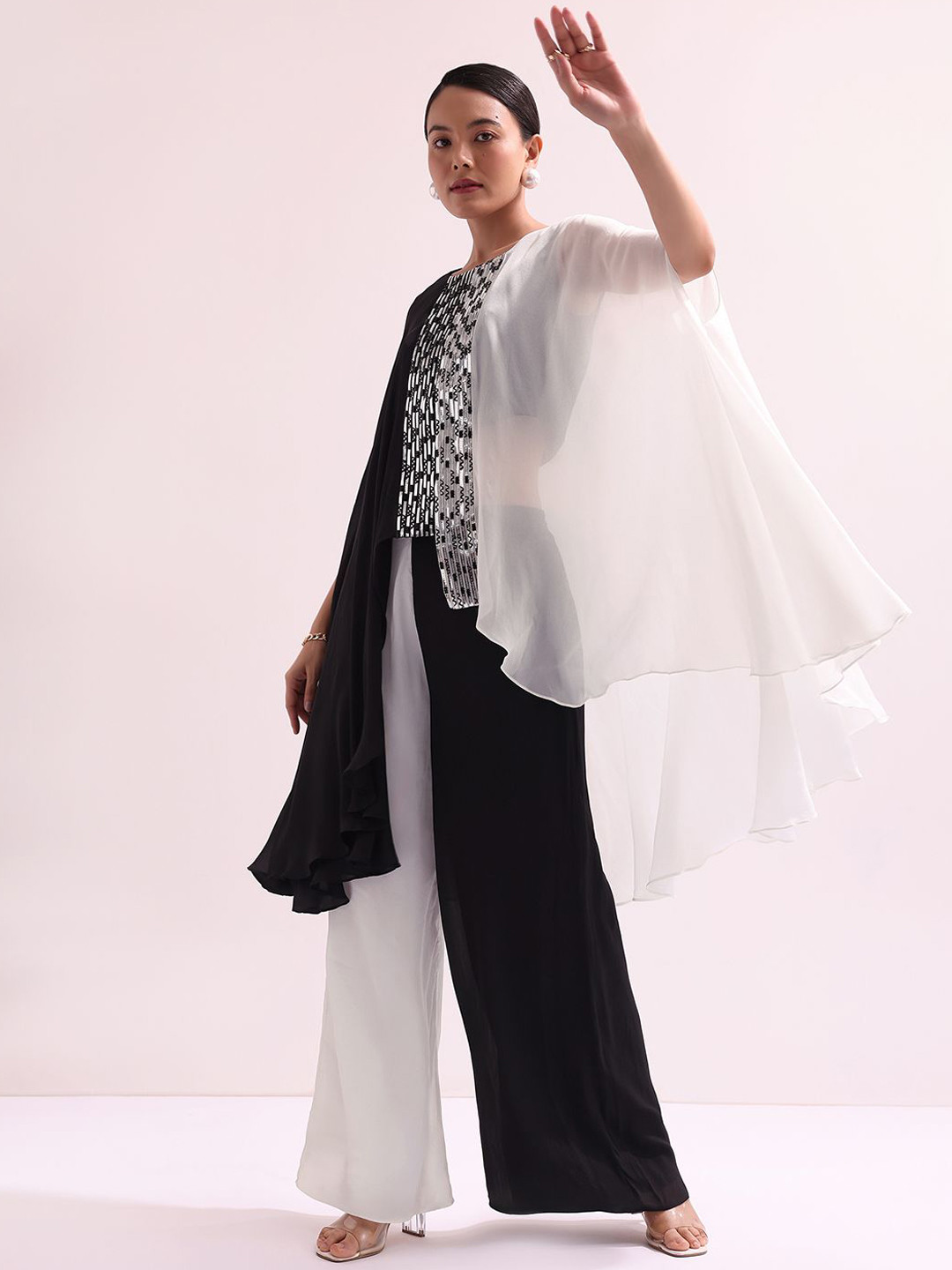 

KALKI Fashion Colourblocked Mirror Work Embroidered High Low Top With Palazzos, Black