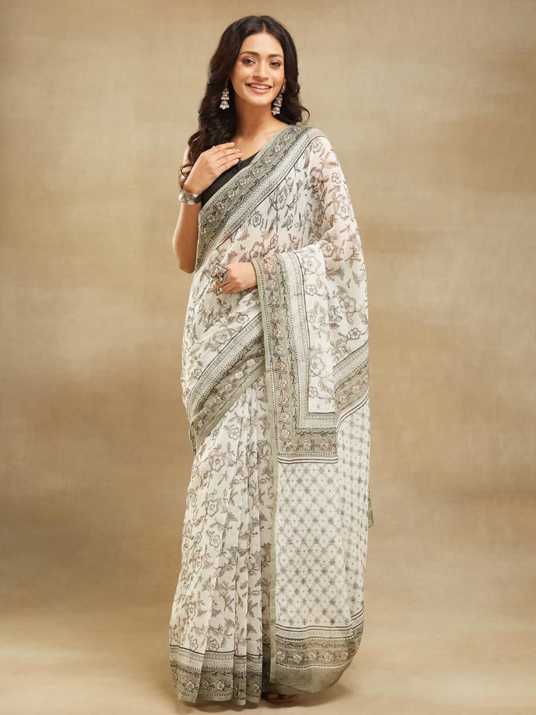 

Fabindia ethnic motifs block print saree, Cream