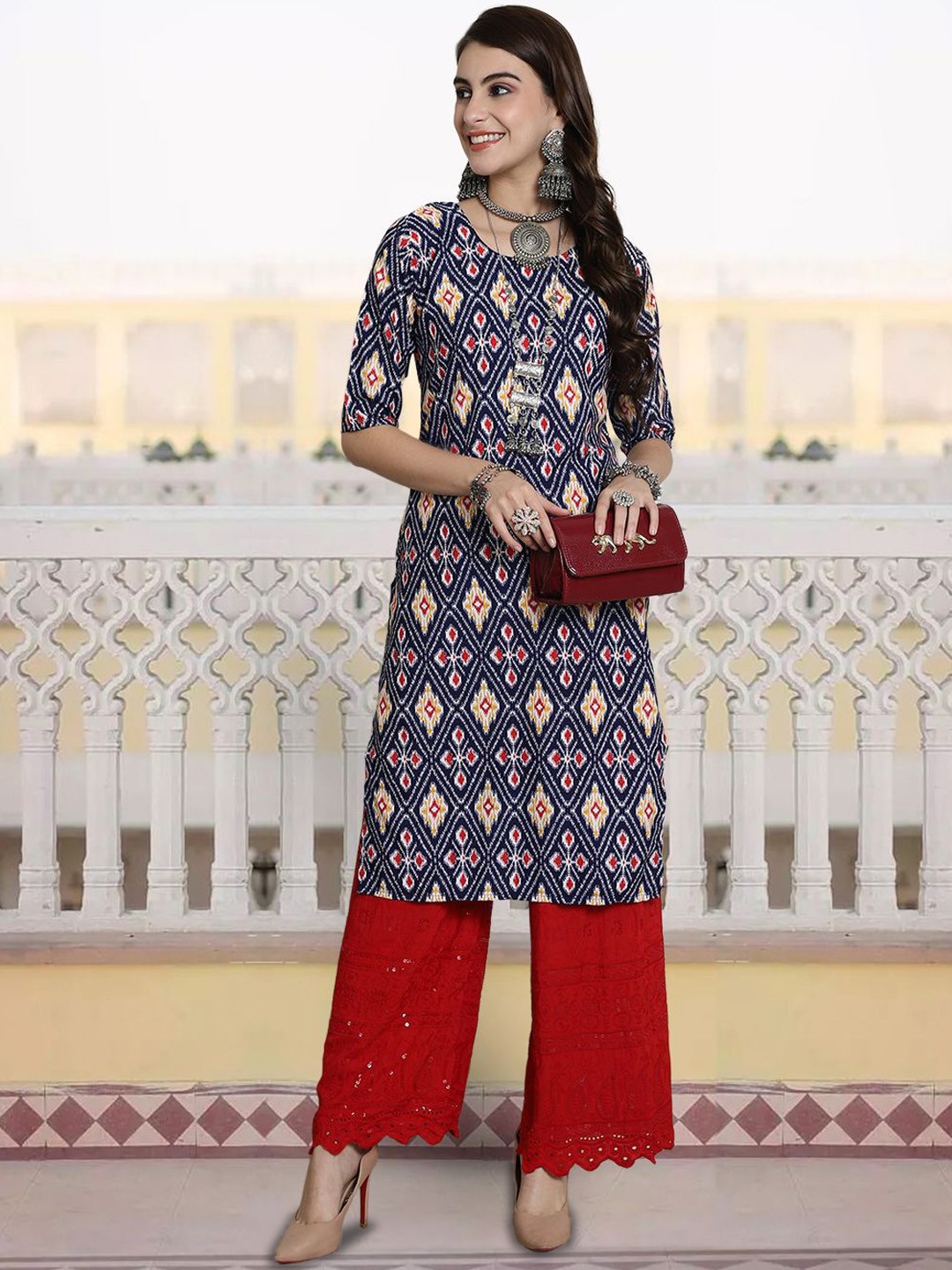 

7Threads Ethnic Motifs Printed Round Neck Straight Kurta, Navy blue