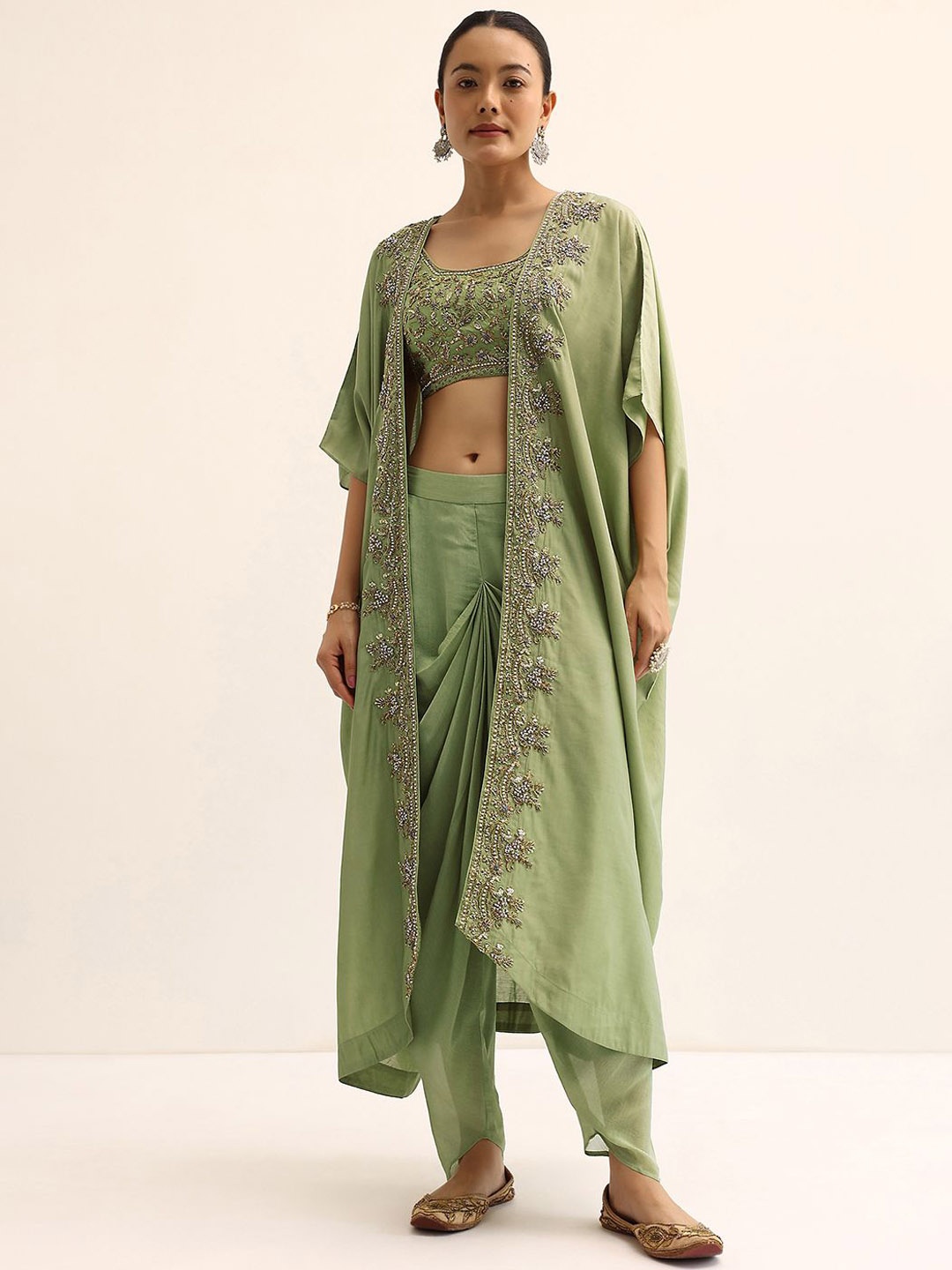 

KALKI Fashion Floral Embroidered Crop Top With Dhoti Pants & Jacket, Green