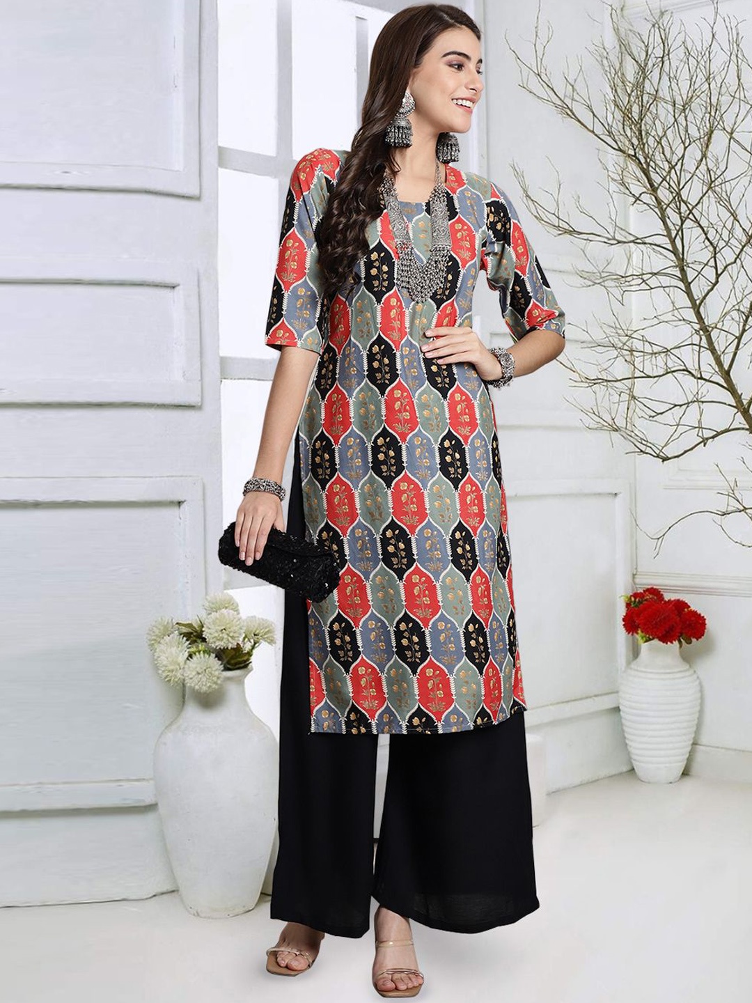 

7Threads Women Geometric Mirror Work Floral Crepe Kurta, Multi