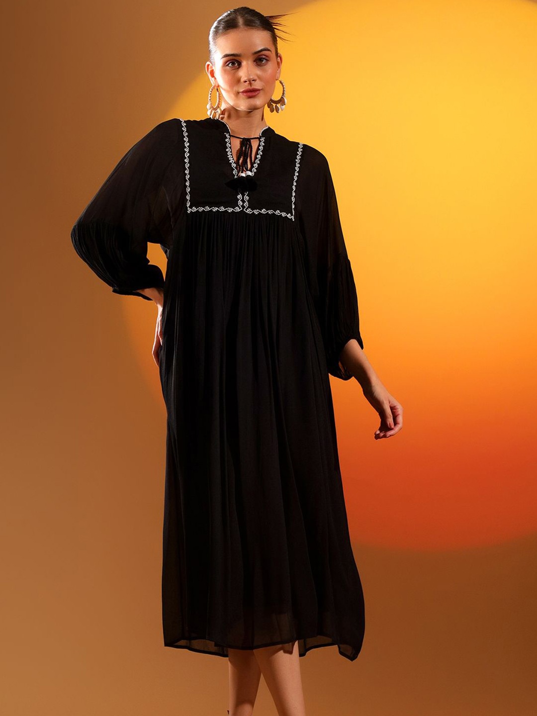 

Saint G Solid Puff Sleeve Cotton A-Line Dress, Black