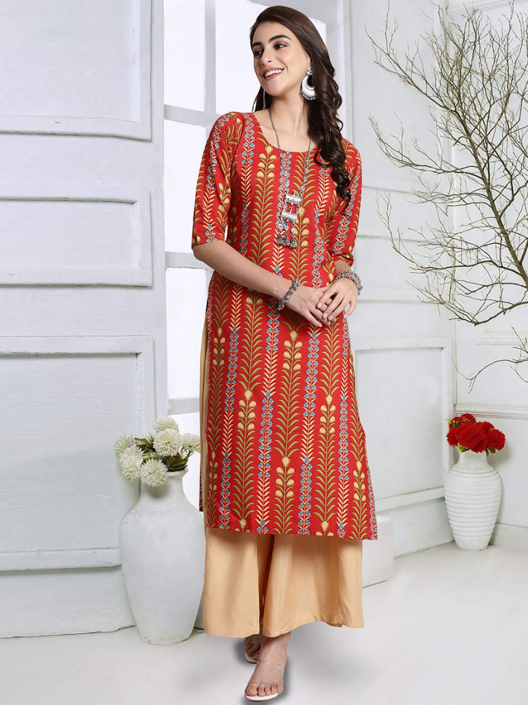 

7Threads Floral Printed Round Neck Regular Crepe Straight Kurta, Red