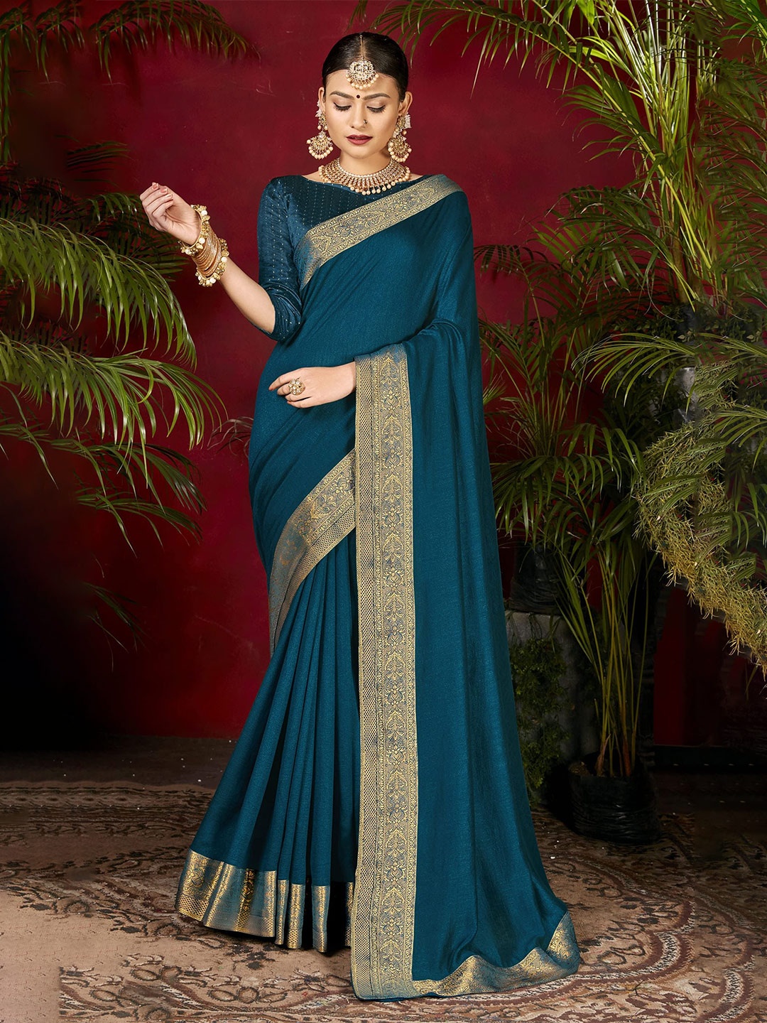 

NIRMAL CREATION Zari Pure Silk Saree, Teal