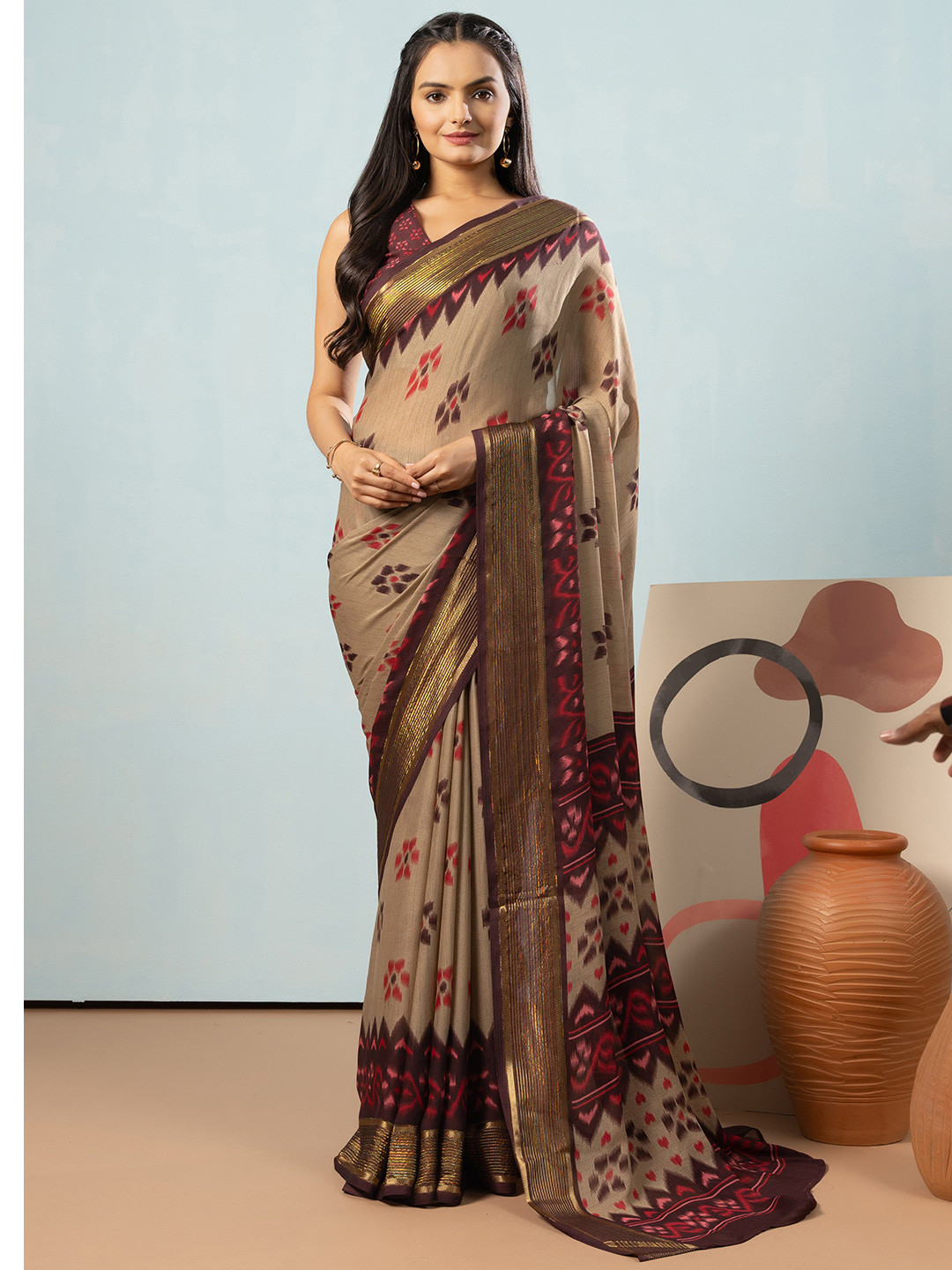 

RACHNA Floral Zari Printed Saree, Brown