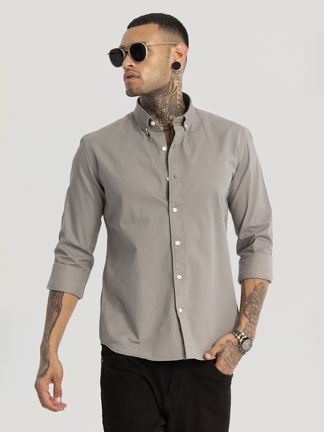 

Snitch Men Smart Button-Down Collar Solid Cotton Slim Fit Casual Shirt, Grey