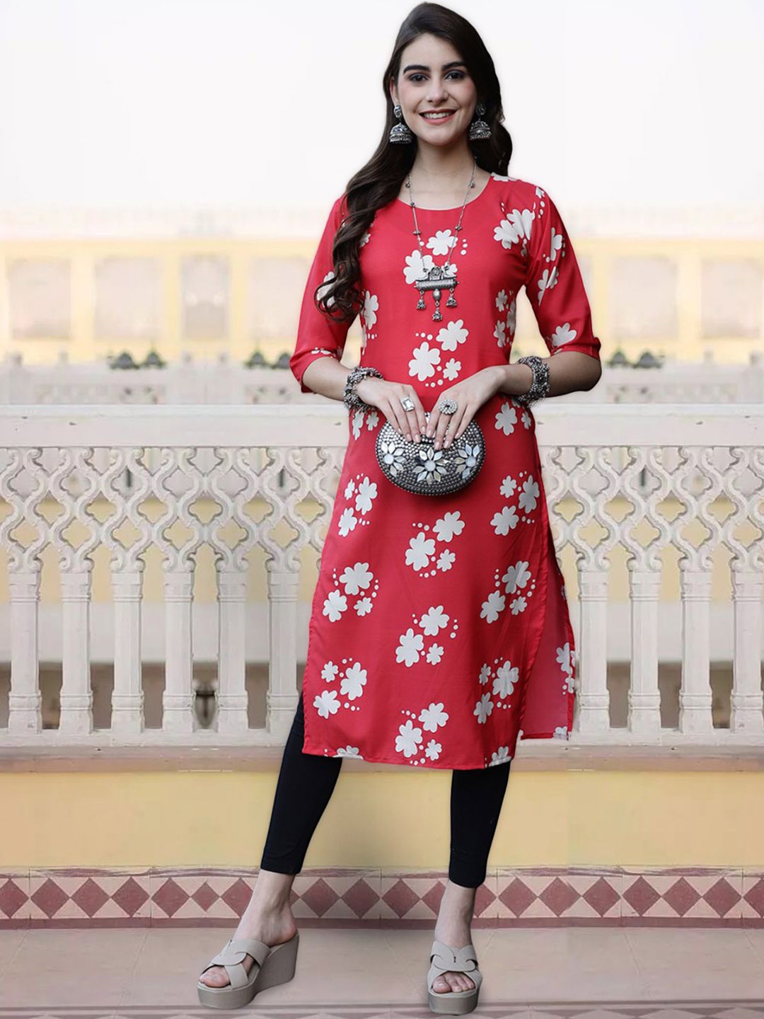 

7Threads Women Ethnic Motifs Printed Sequinned Floral Crepe Kurta, Multi