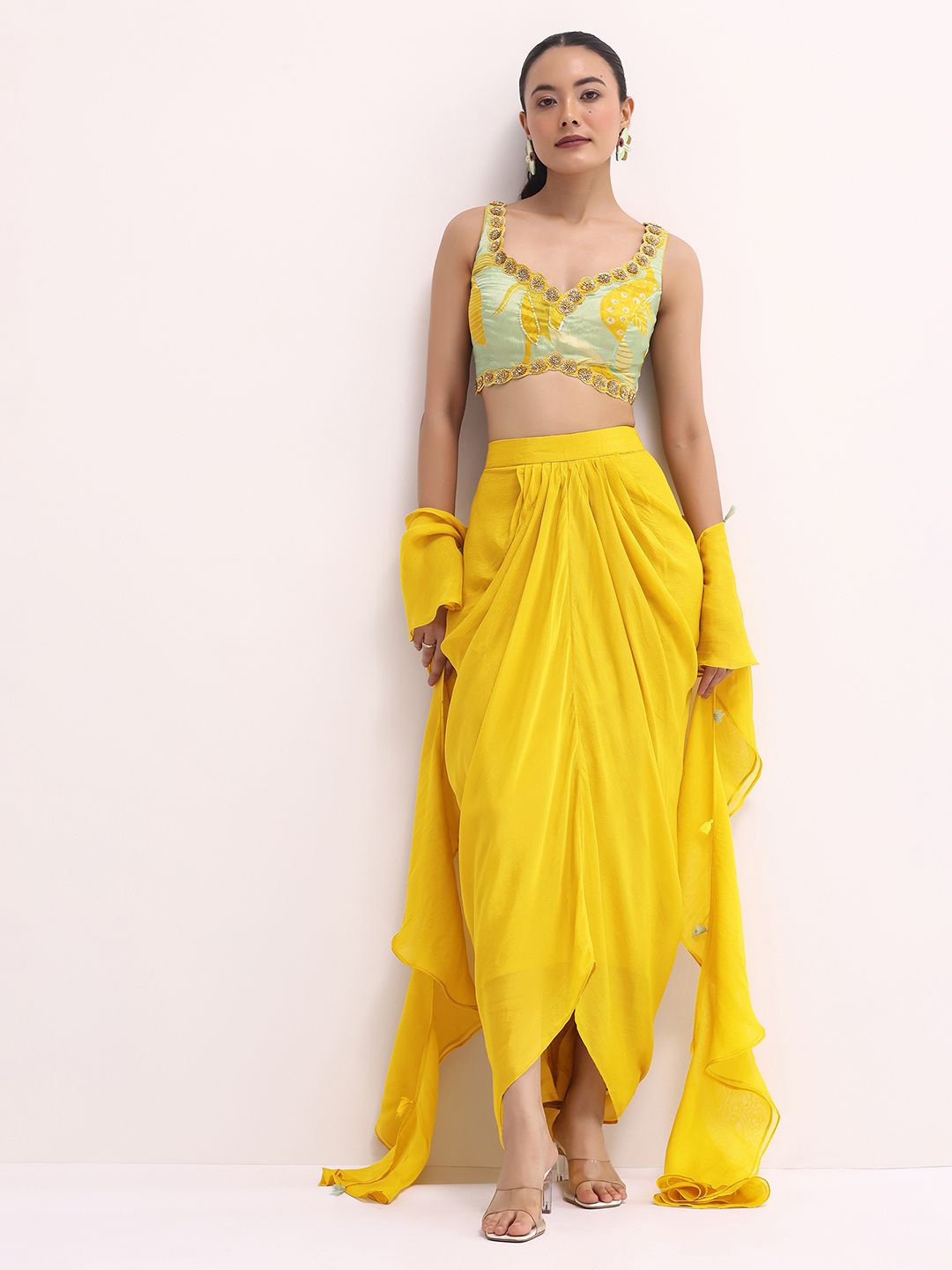 

KALKI Fashion Embellished Crop Top & Skirt With Dupatta, Yellow