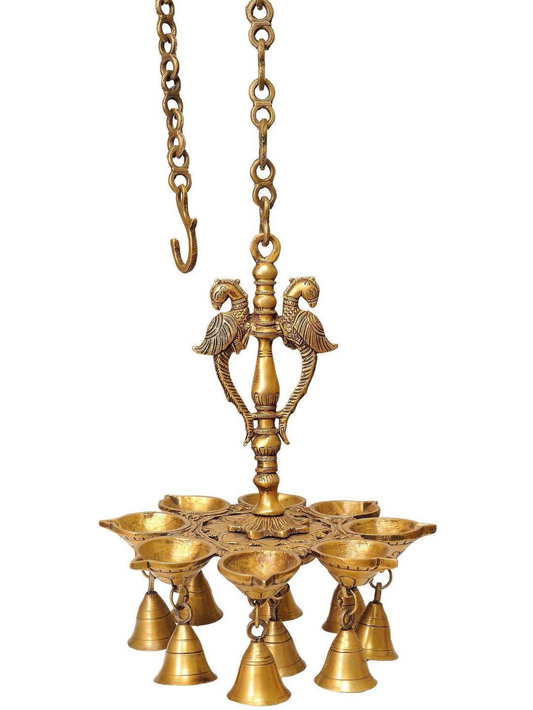 

Exotic India 11'' Brass Eight Wick Parrot Lamp, Gold