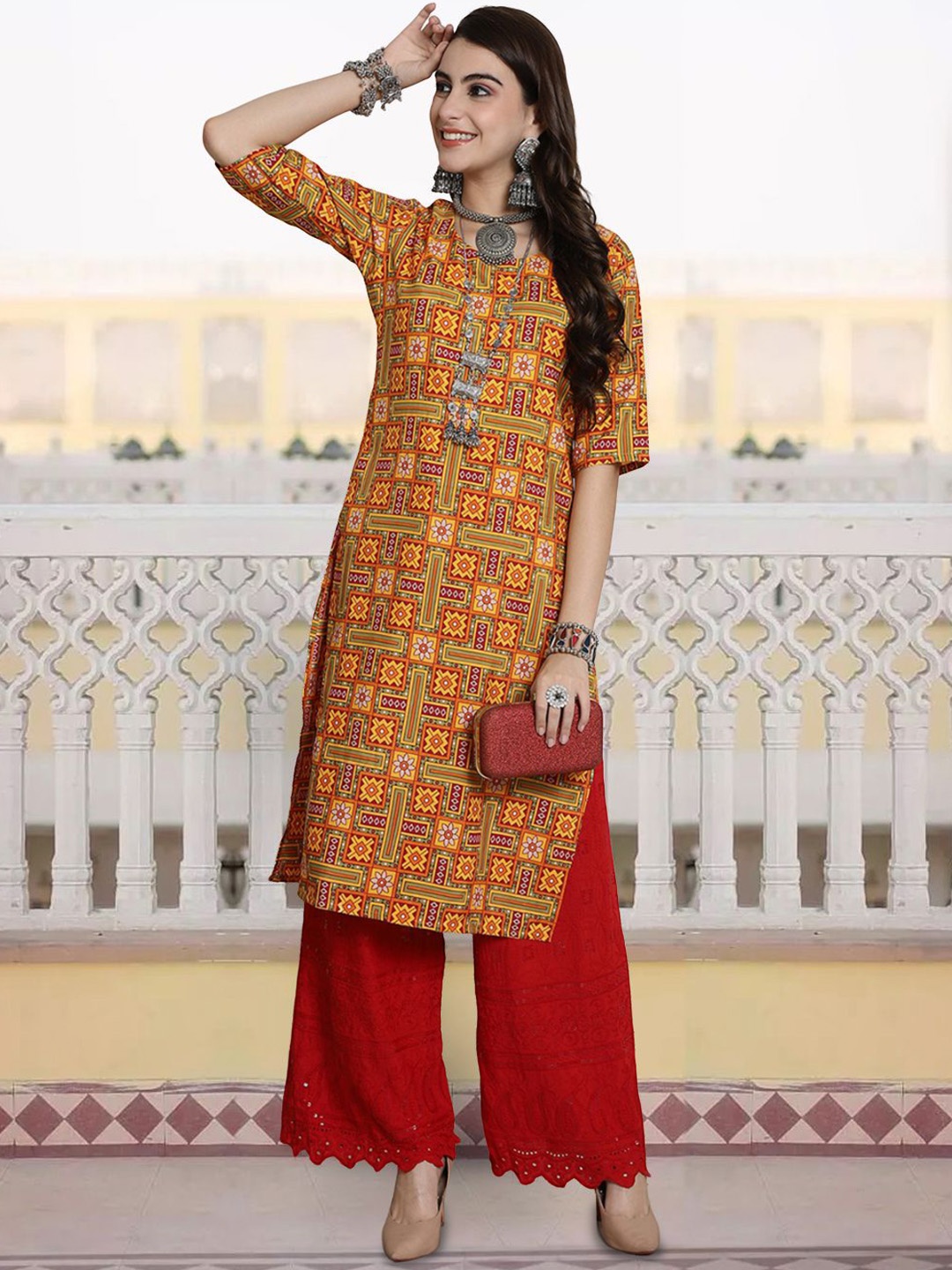 

7Threads Geometric Printed Round Neck Straight Kurta, Yellow