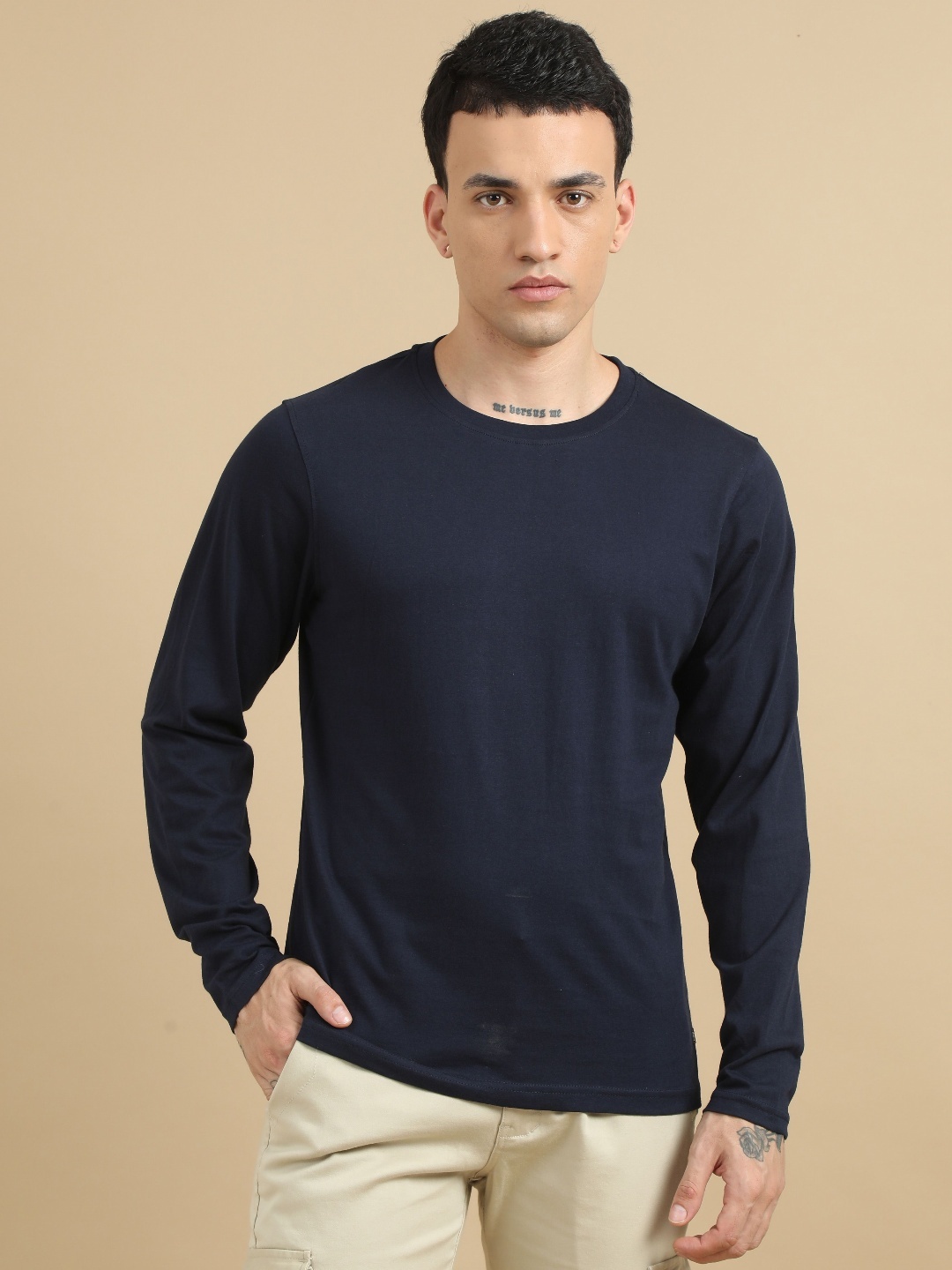 

Bushirt Men Solid Round Neck Cotton T-Shirt, Navy blue