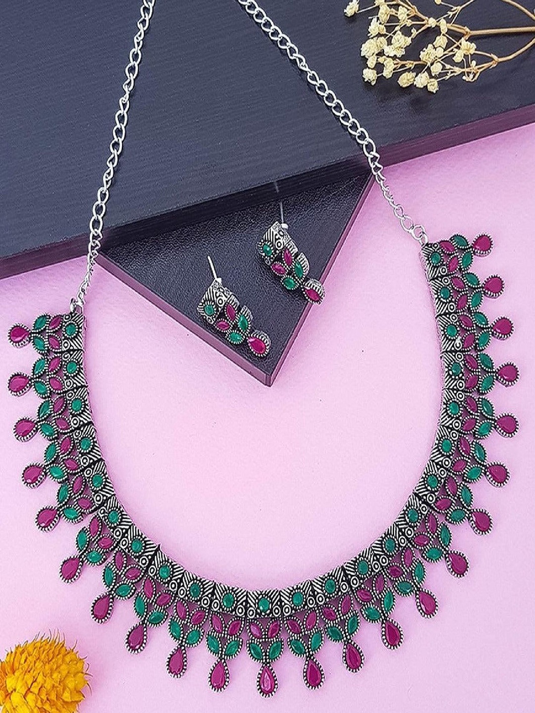 

GRIIHAM Silver-Plated American Diamond Studded Oxidised Necklace and Earrings