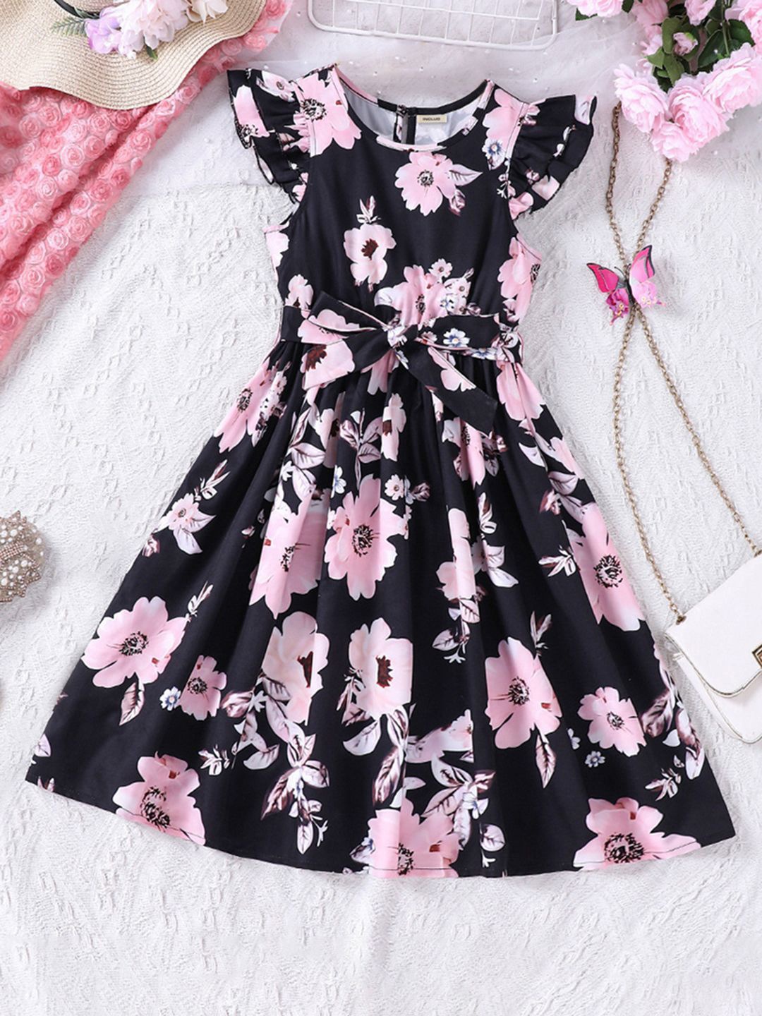 

INCLUD Floral Girls Printed Fit & Flare Dress, Black