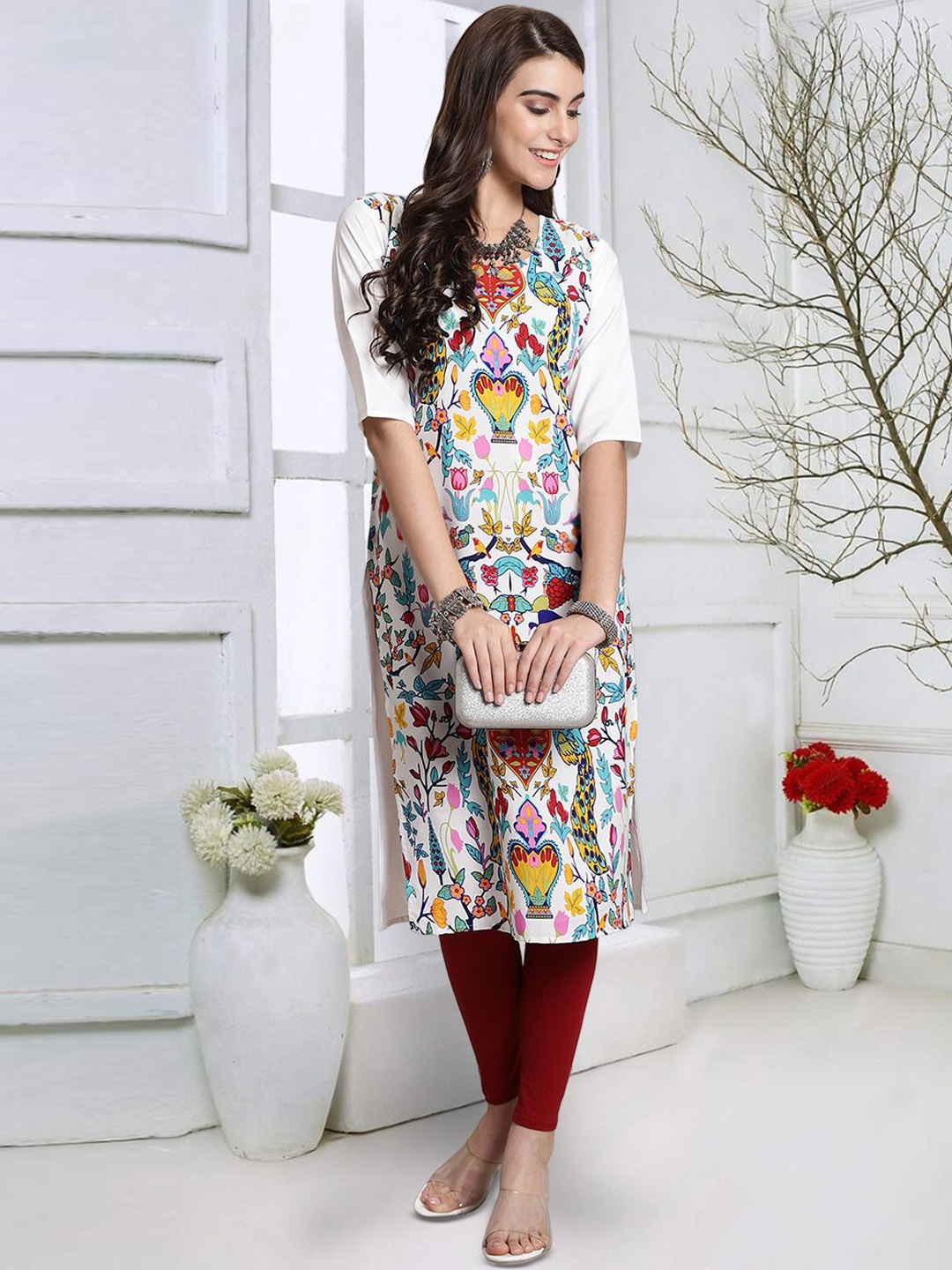

7Threads Floral Printed Round Neck Straight Kurta, White