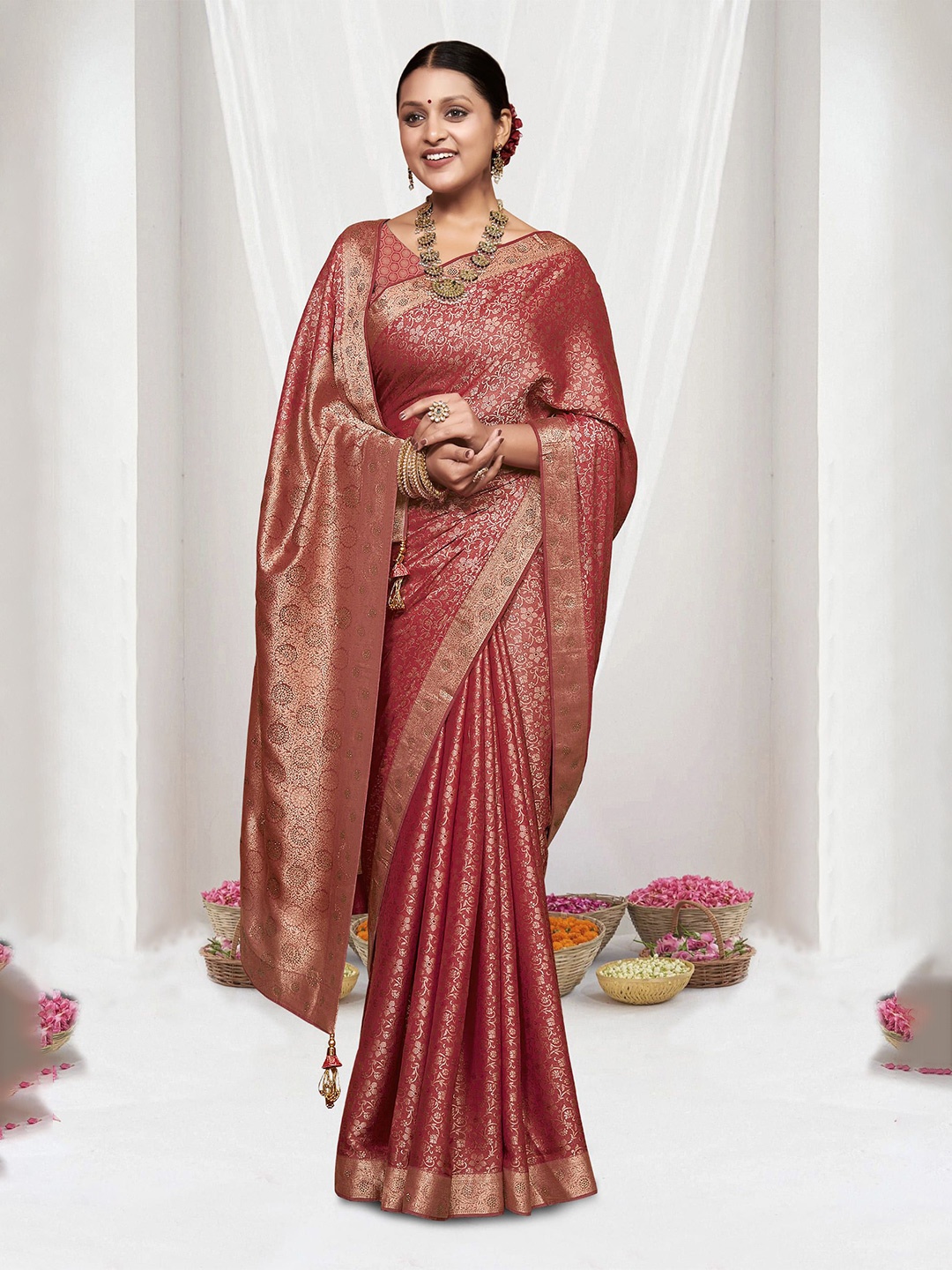 

NIRMAL CREATION floral printed zari pure silk saree, Rust