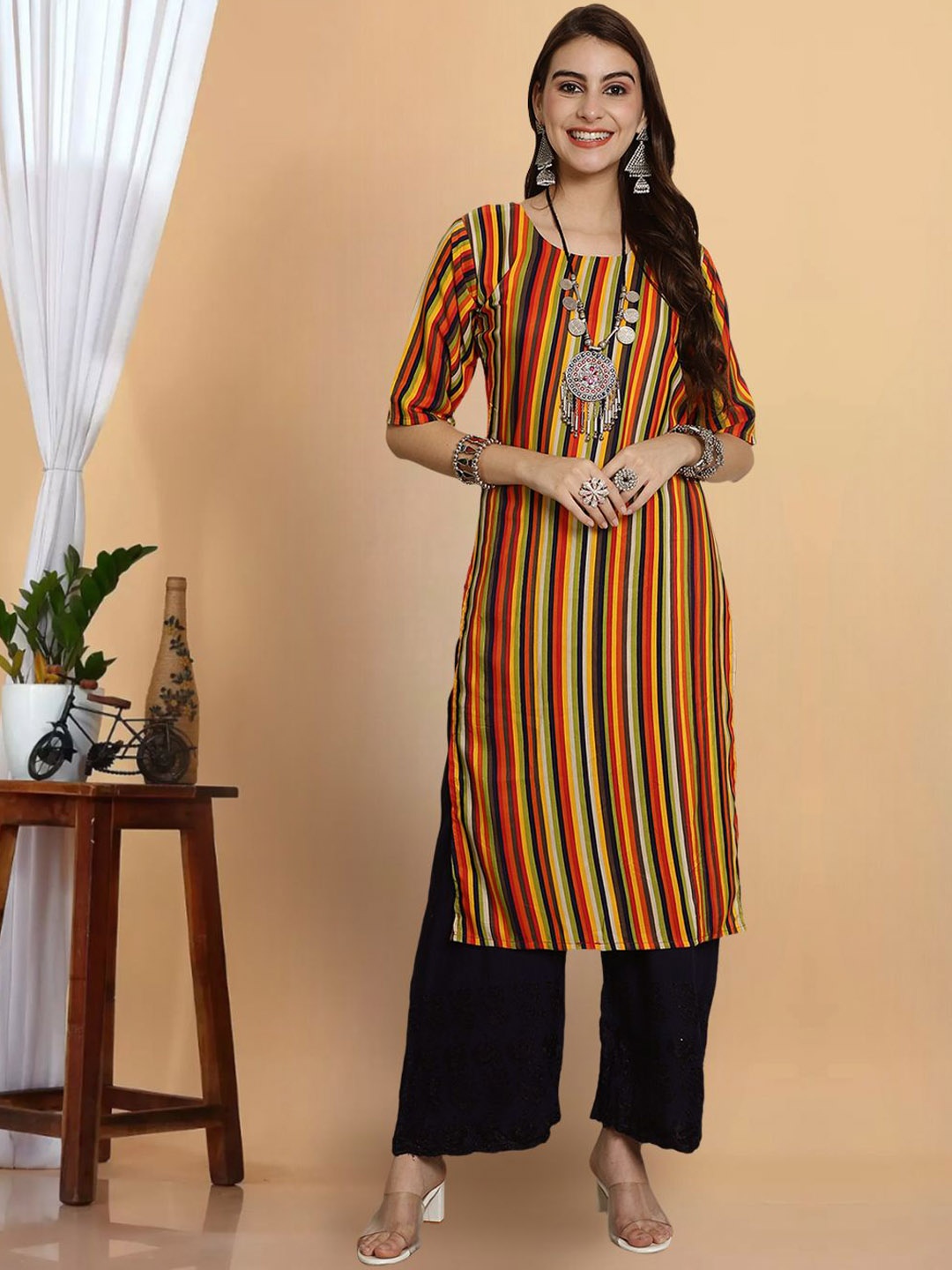 

7Threads Striped Crepe Straight Kurta, Red