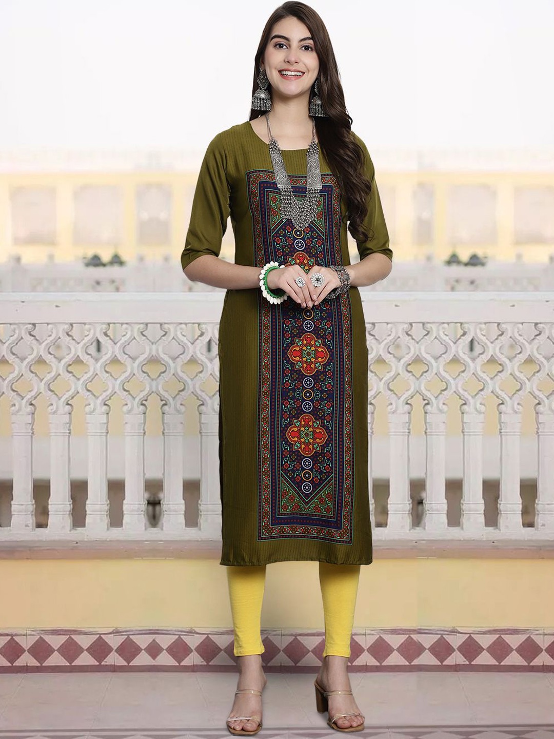 

7Threads Floral Printed Round Neck Straight Kurta, Green