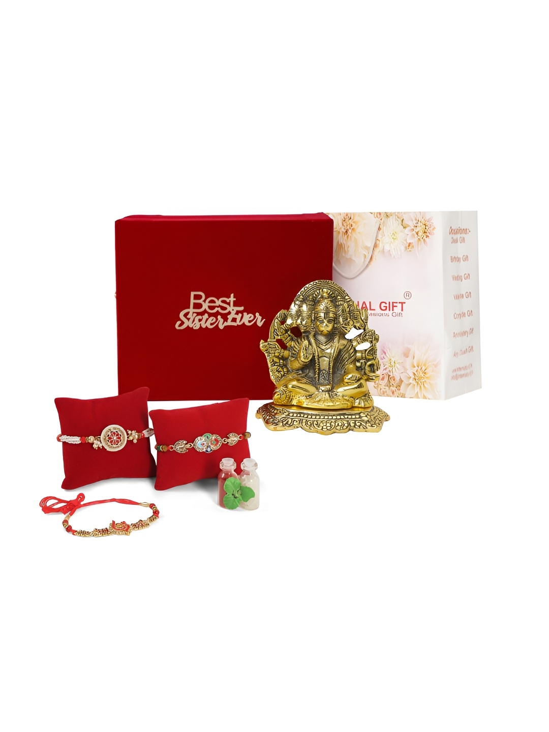 

INTERNATIONAL GIFT Set Of 3 Rakhi With Panchmukhi Hanuman & Roli Chawal, Gold