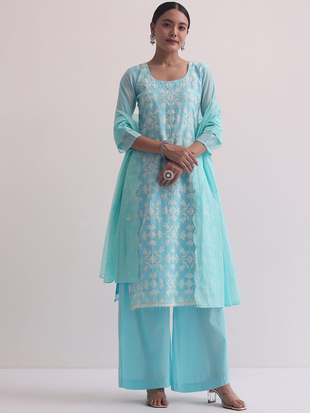 

KALKI Fashion Floral Embroidered Straight Kurta with Palazzos & Dupatta, Blue