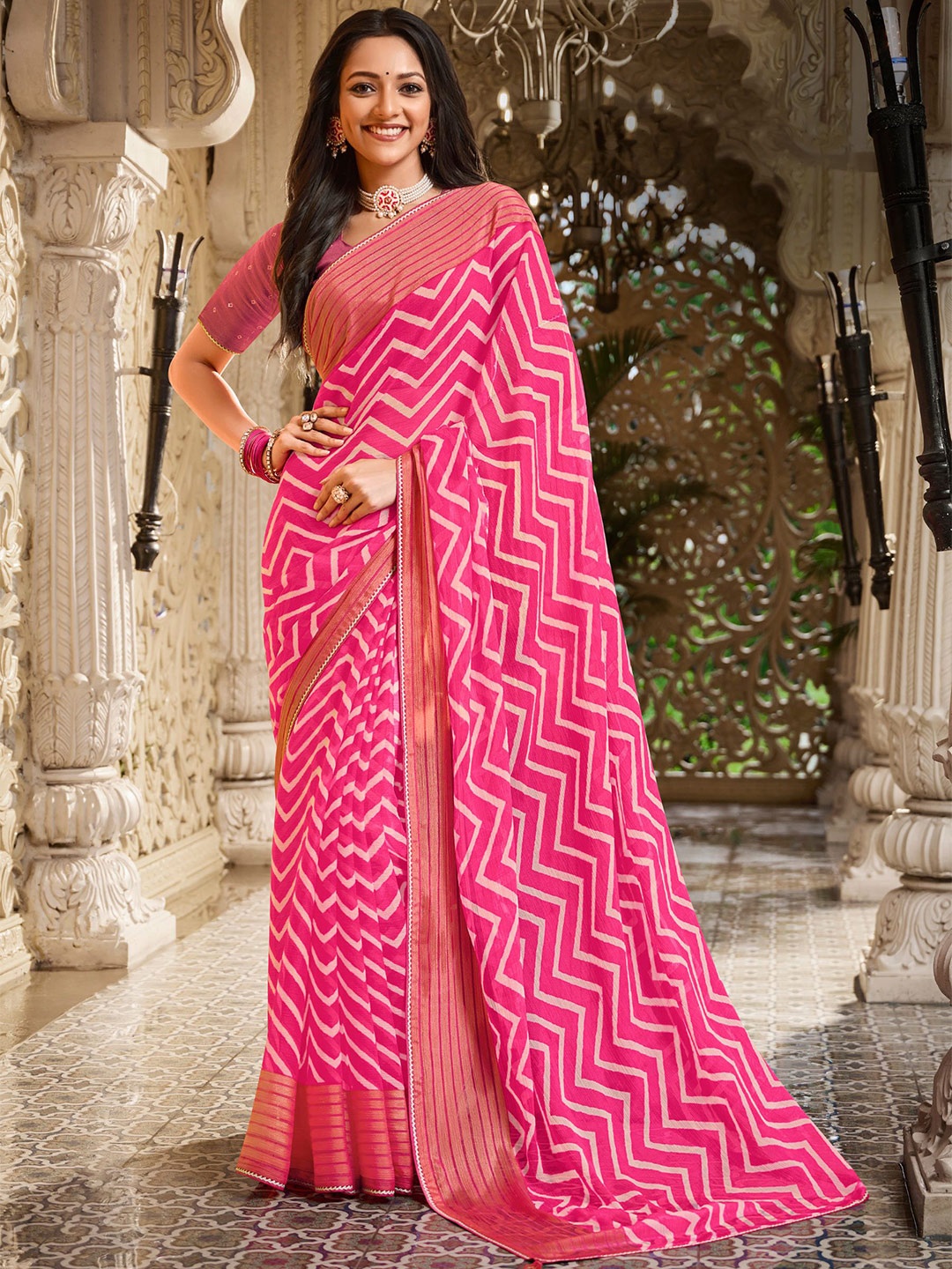 

Laxmipati Printed Zari Saree with Blouse Piece, Pink