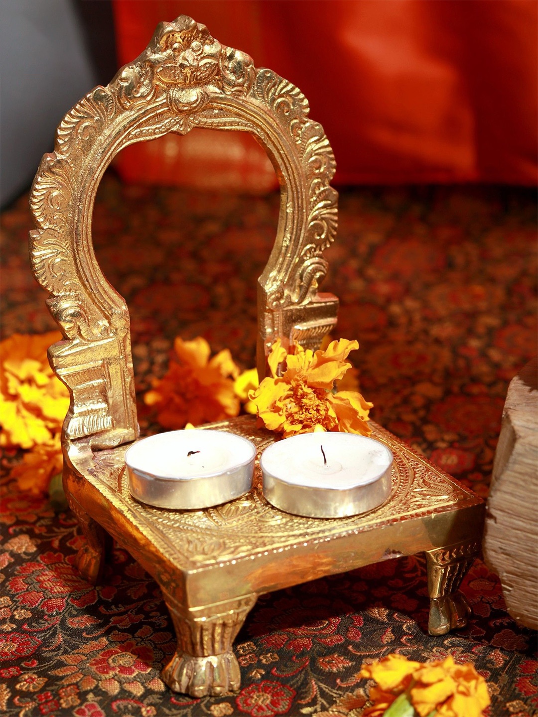 

Exotic India 6" Small Brass Throne with Kirtimukha Prabhavali, Gold