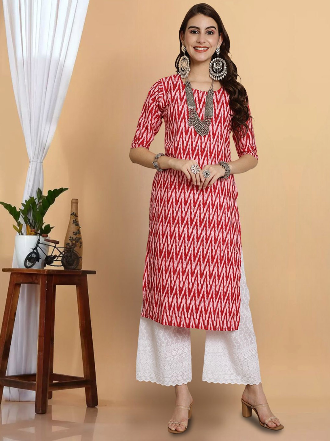 

7Threads Chevron Printed Straight Kurta, Red