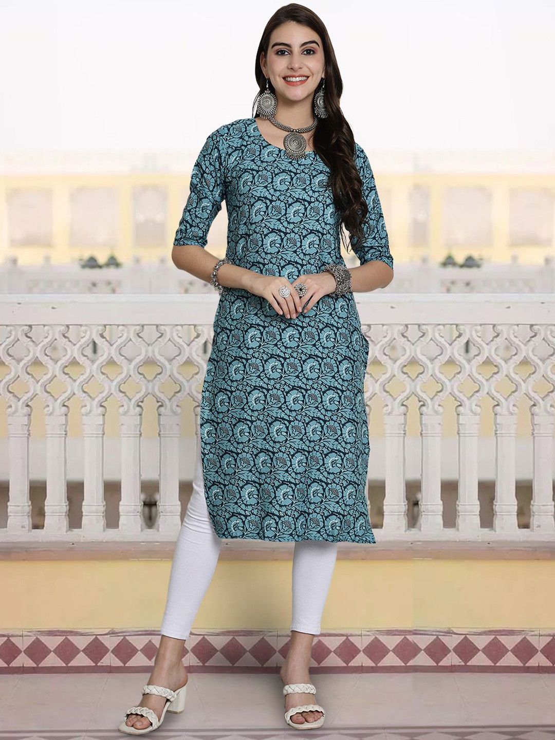 

7Threads Floral Printed Straight Kurta, Teal
