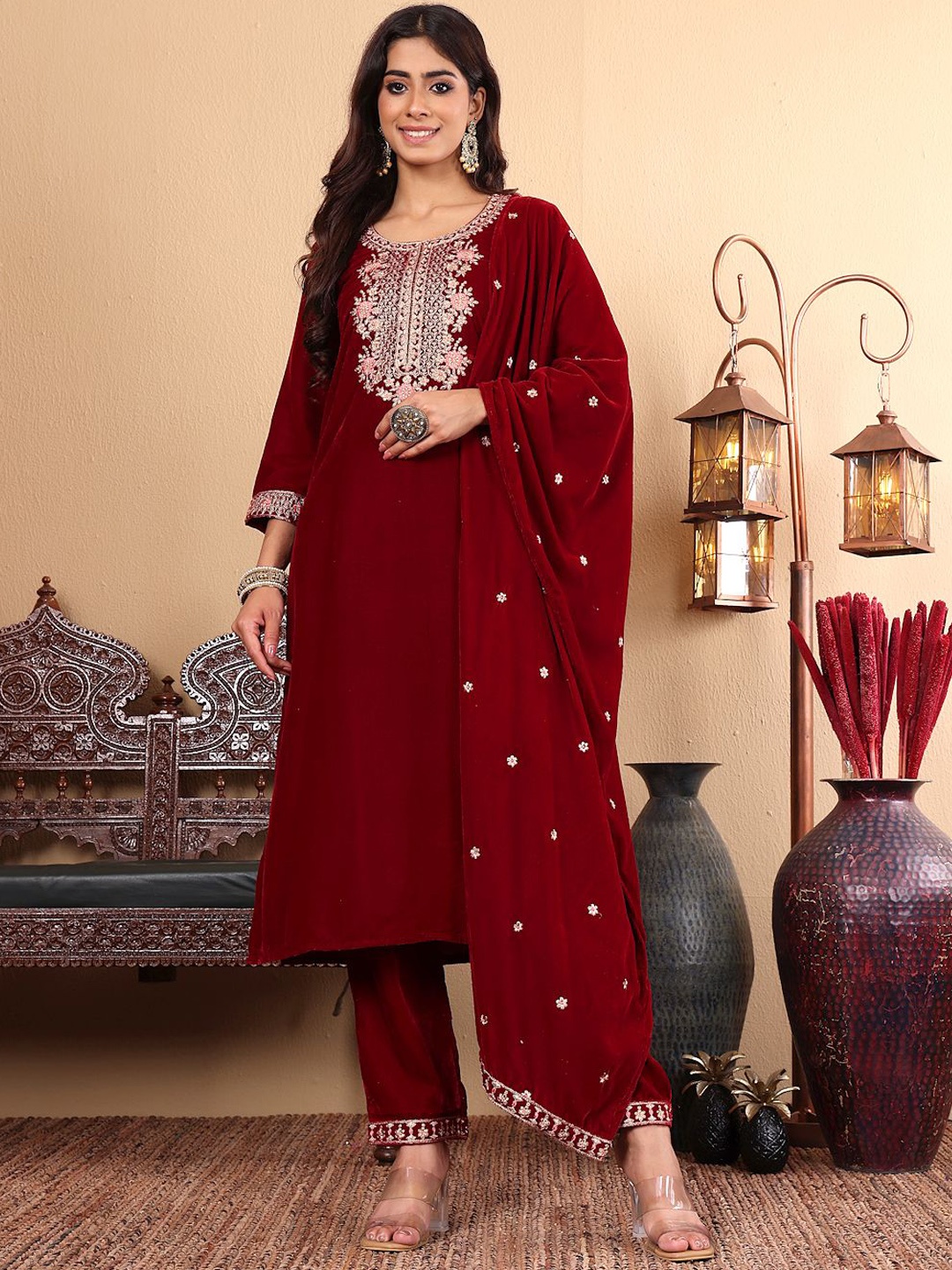 

Varanga Maroon Floral Yoke Design Sequinned Velvet Straight Kurta with Trousers & Dupatta