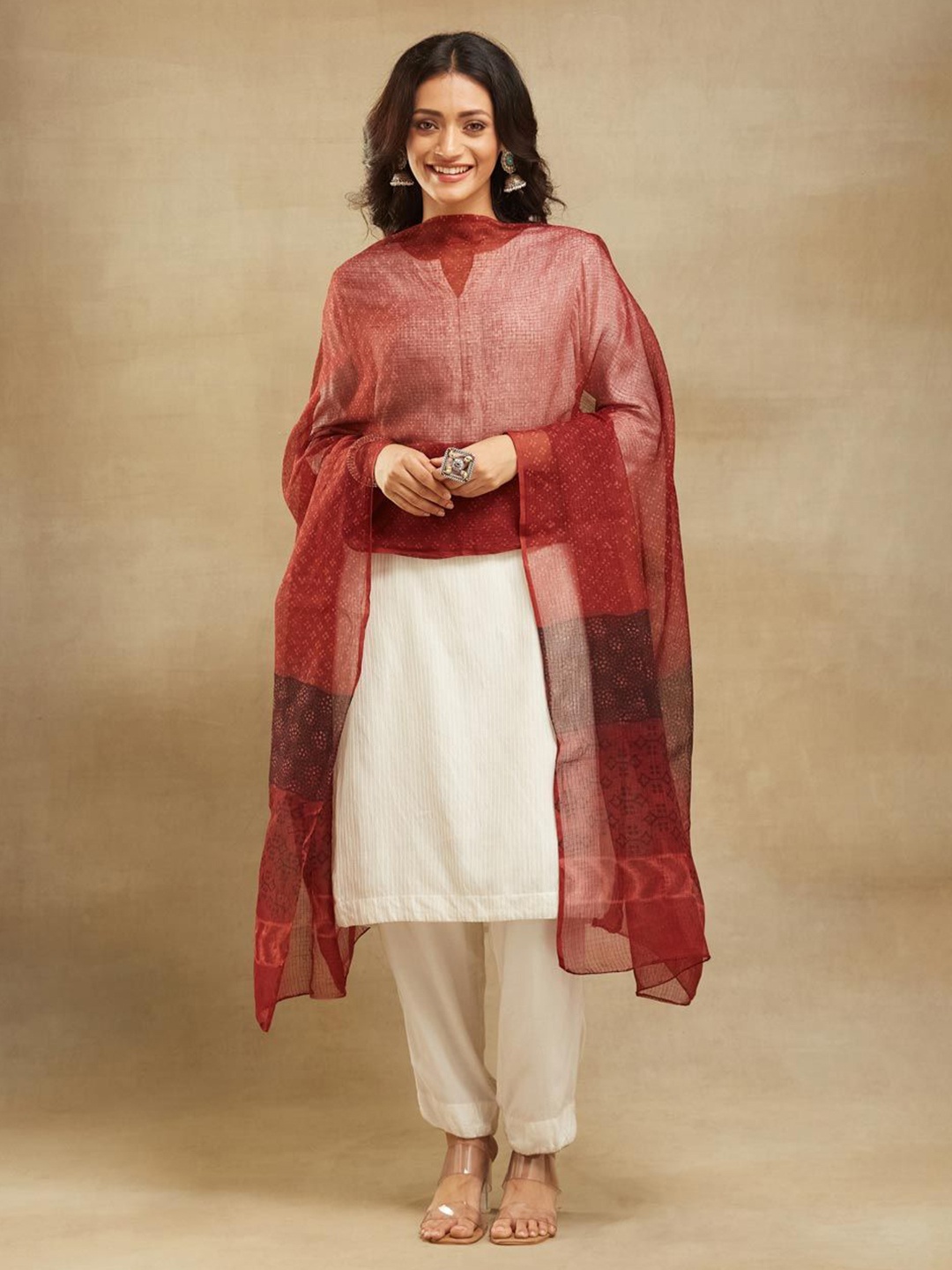 

Fabindia Ethnic Motifs Dabu Printed Cotton Silk Dupatta, Red